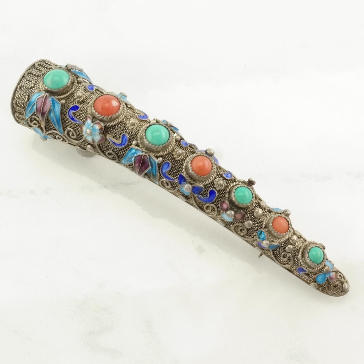 Antique Chinese Sterling Silver Brooch Enamel, Filigree Turquoise, Coral, Nail