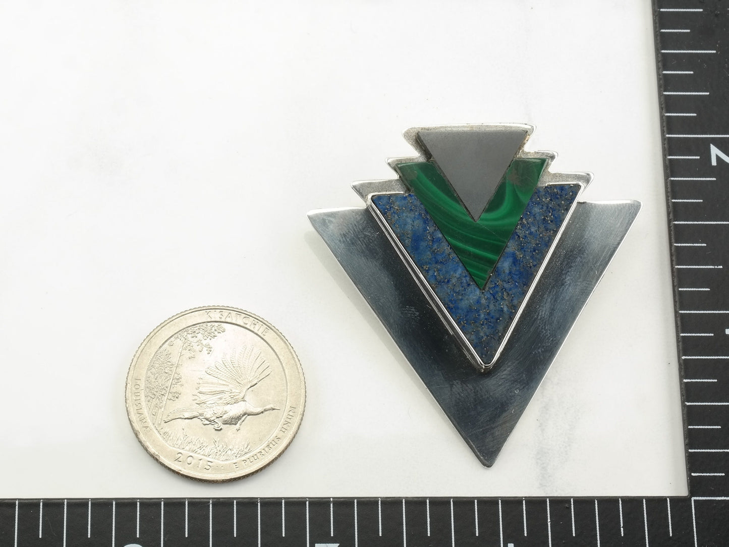 Art Deco Style Sterling Silver Brooch Geometric Inlay Lapis Lazuli Malachite