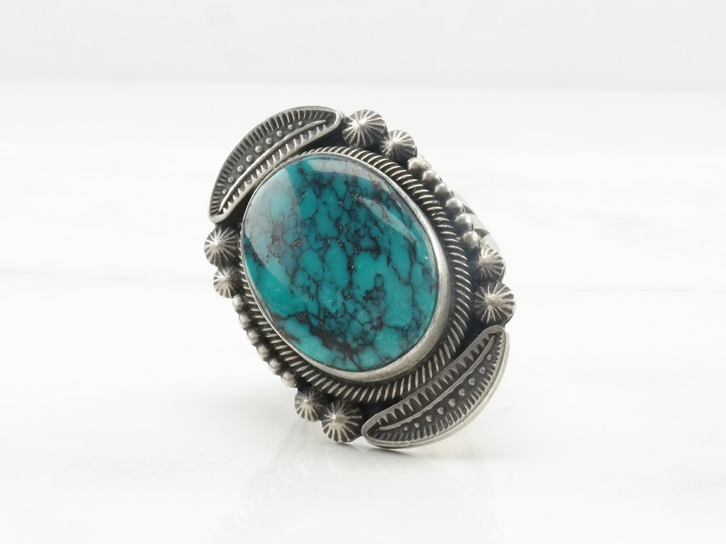 Navajo Silver Ring Turquoise Spiderweb Sterling Blue Size 8 3/4