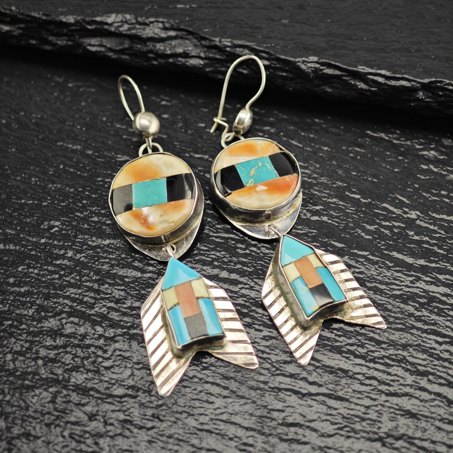 Vintage SW Style Inlay Arrowhead Kidney Wire Sterling Silver Earrings ER3198