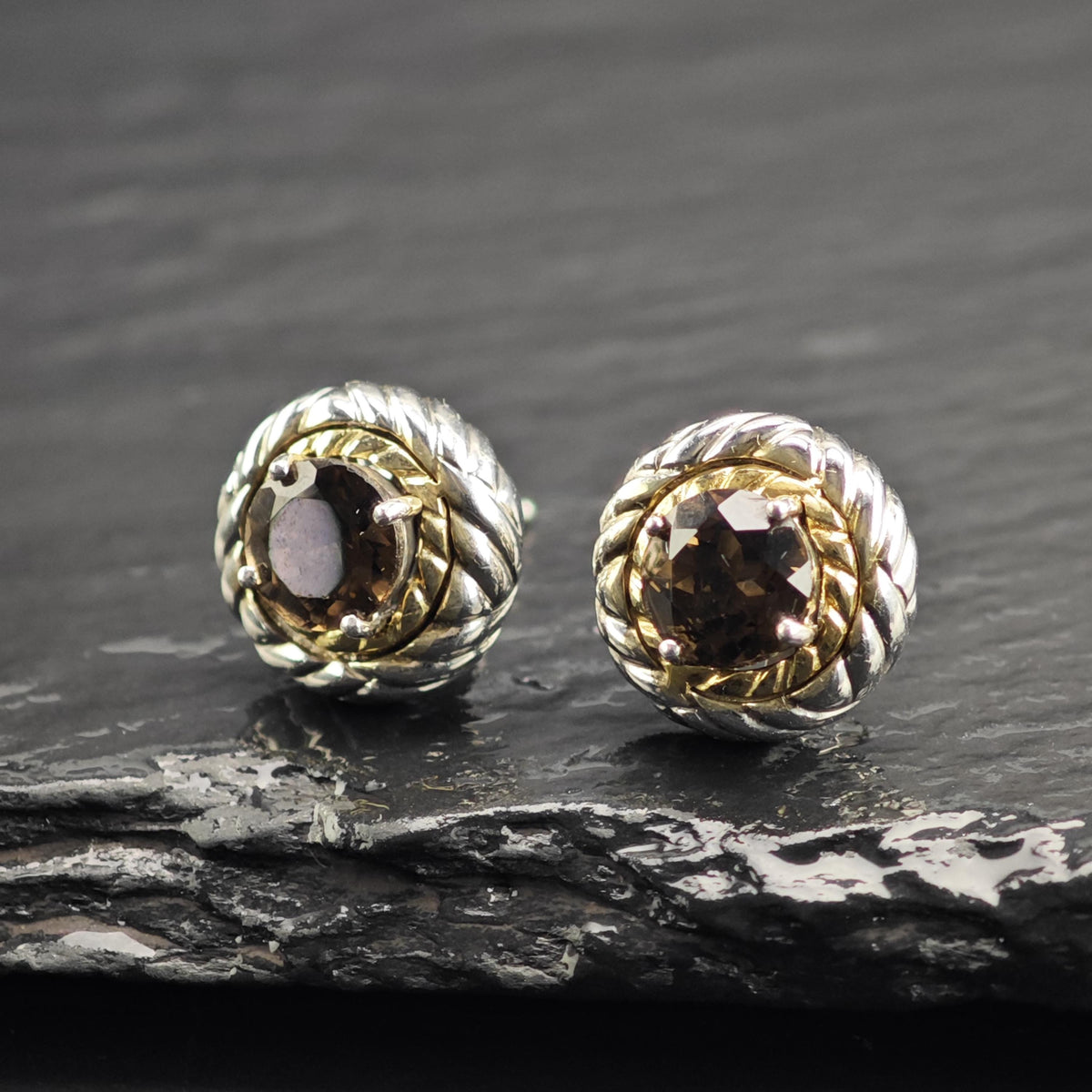 Vintage Designer Smoky Quartz 14k Bezel Stud Sterling Silver Earrings ER3230
