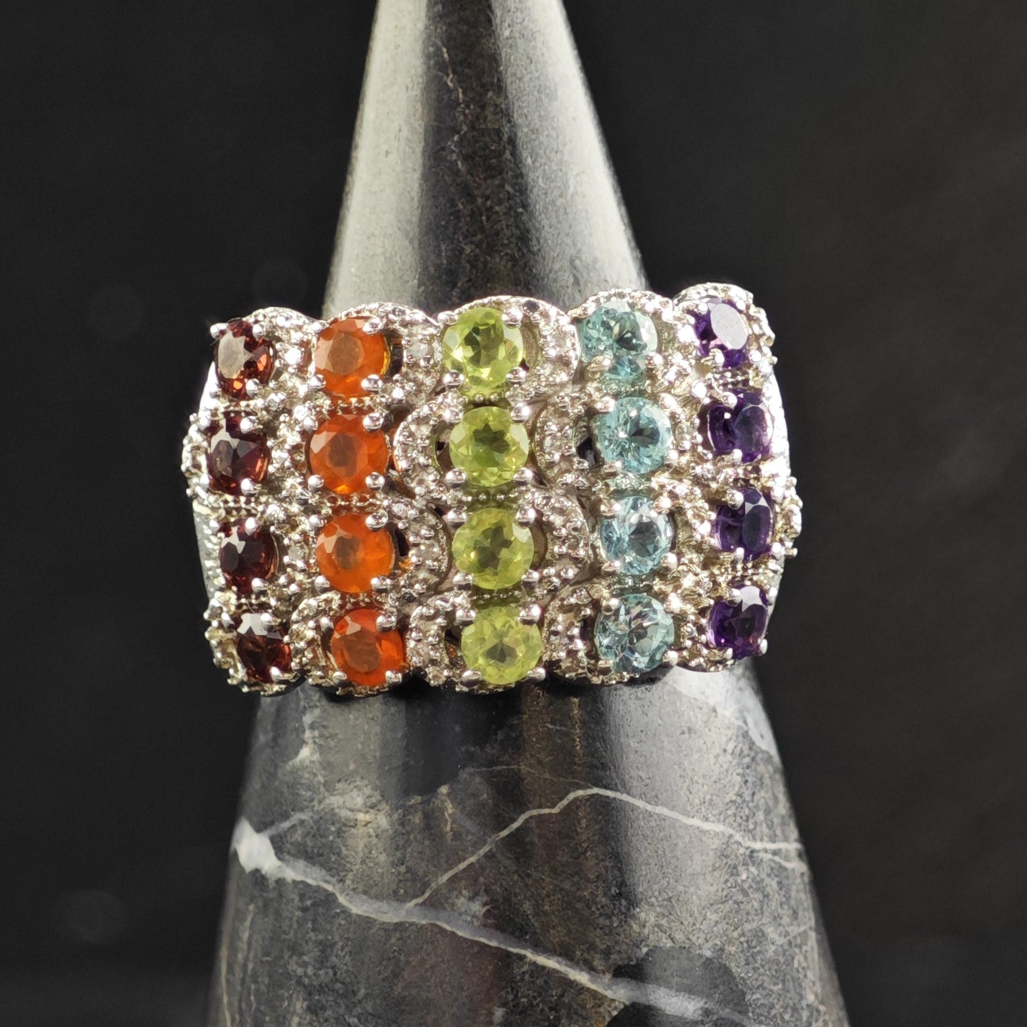 Rainbow Multistone Diamond Sterling Silver Ring Sz 8 R6557