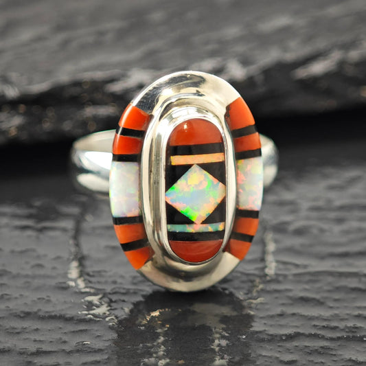 Native American Opal, Coral Inlay Ring Sterling Silver Sz 9 1/2