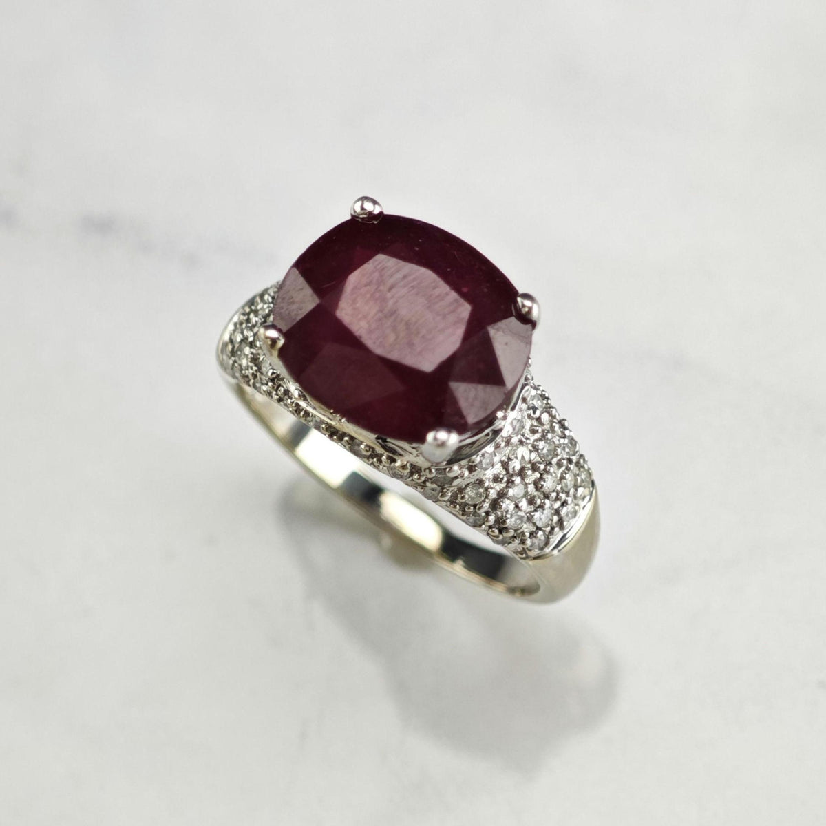 7ct Glass Filled Ruby & Diamond Cluster 14K White Gold Ring Sz 8 R6796