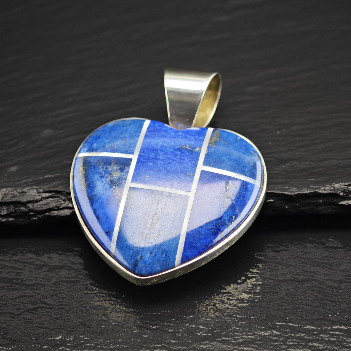 Large DTR Lapis, MOP Inlay Heart Sterling Silver Pendant P3089