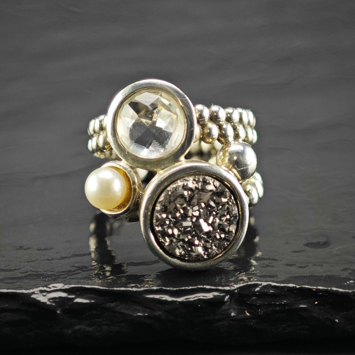 Vintage Michael Dawkins Druzy CZ Pearl Sterling Silver Ring Sz 6 R6815
