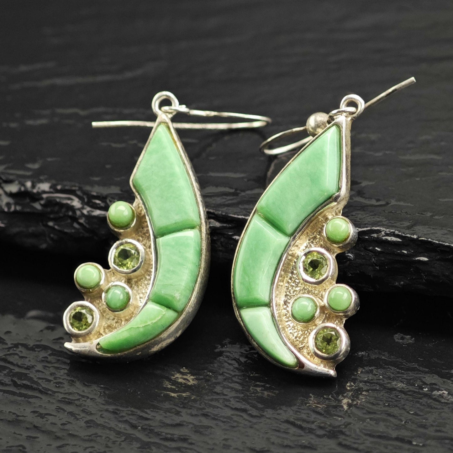 Green Gemstone & Peridot Crest Hook Earrings Sterling Silver ER3188
