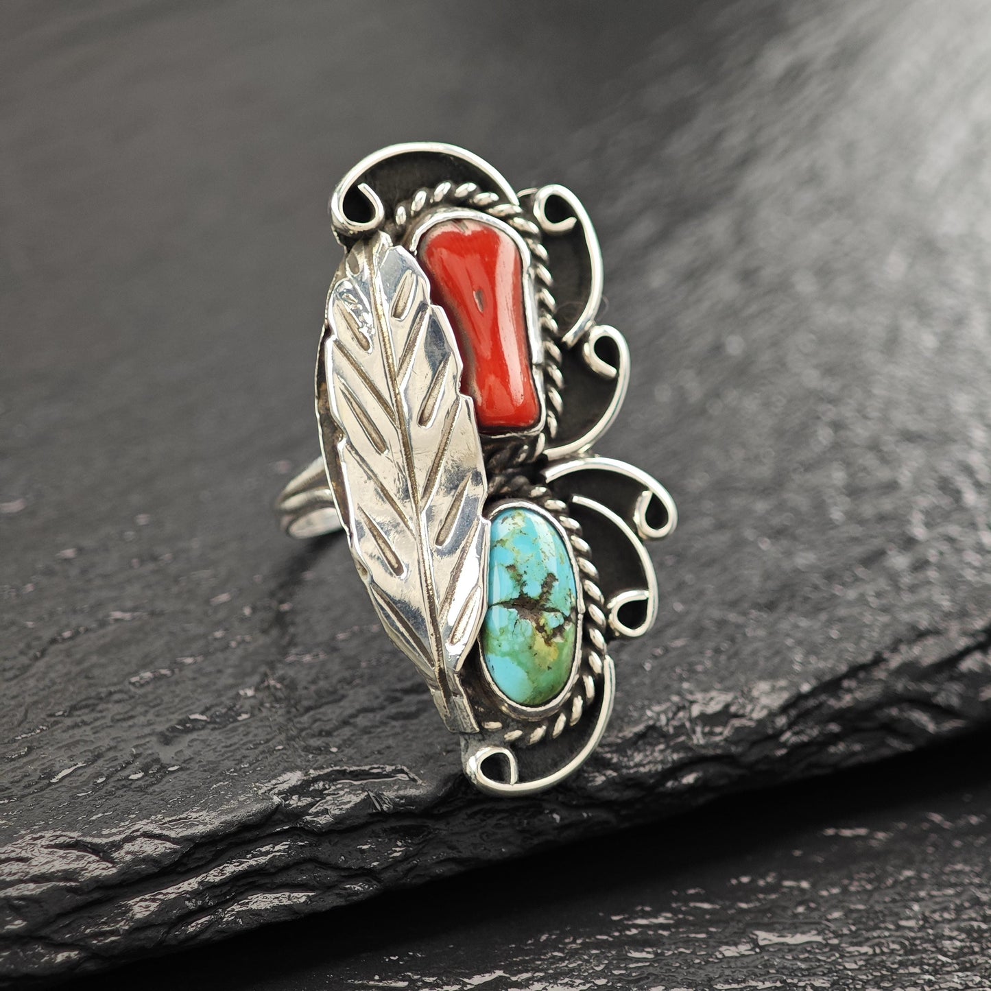 Turquoise Coral Ring Sterling Silver Native American R5826