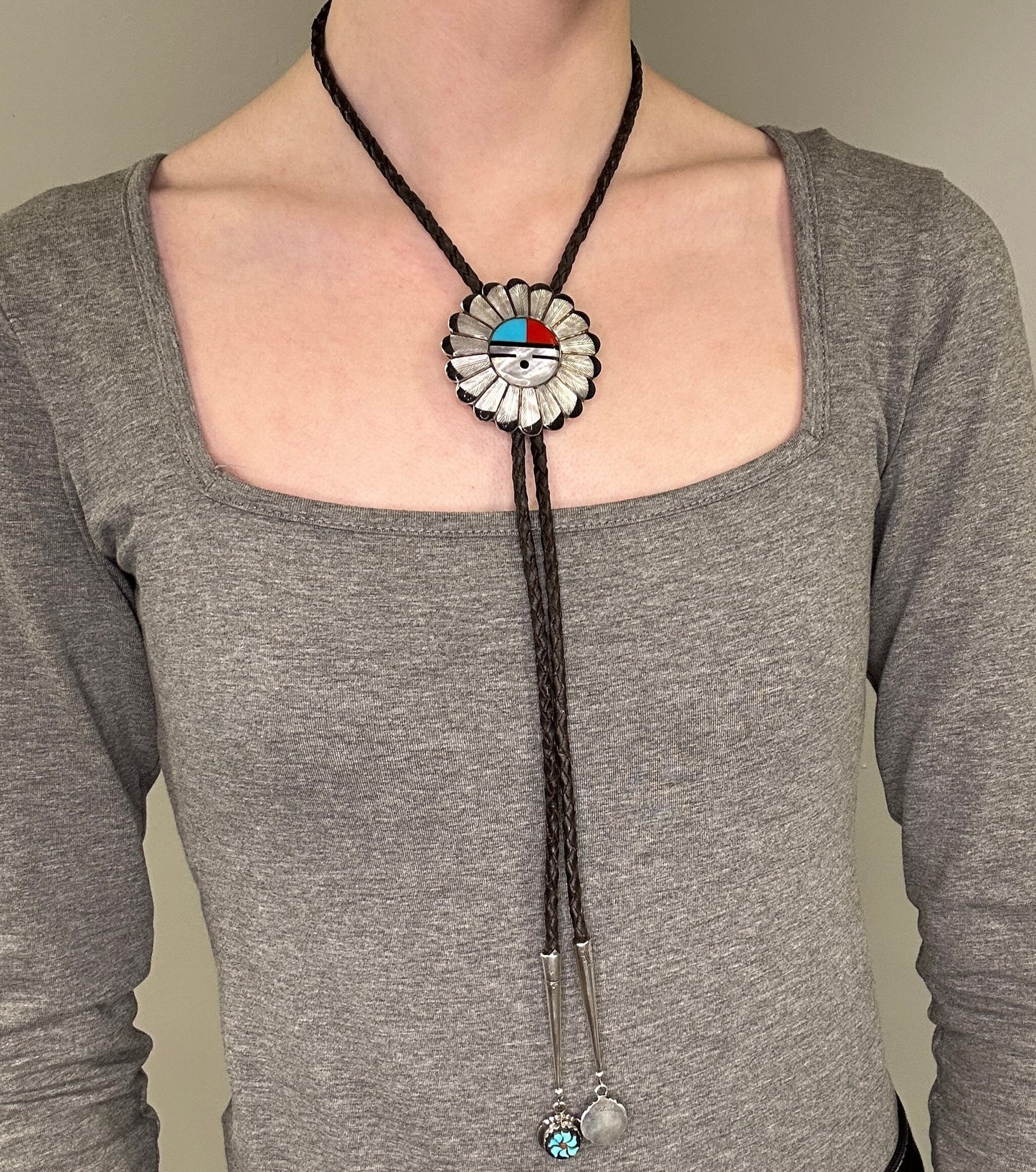 Vintage Bolo Tie Native American Sterling Silver Feather, Sun Inlay Necklace