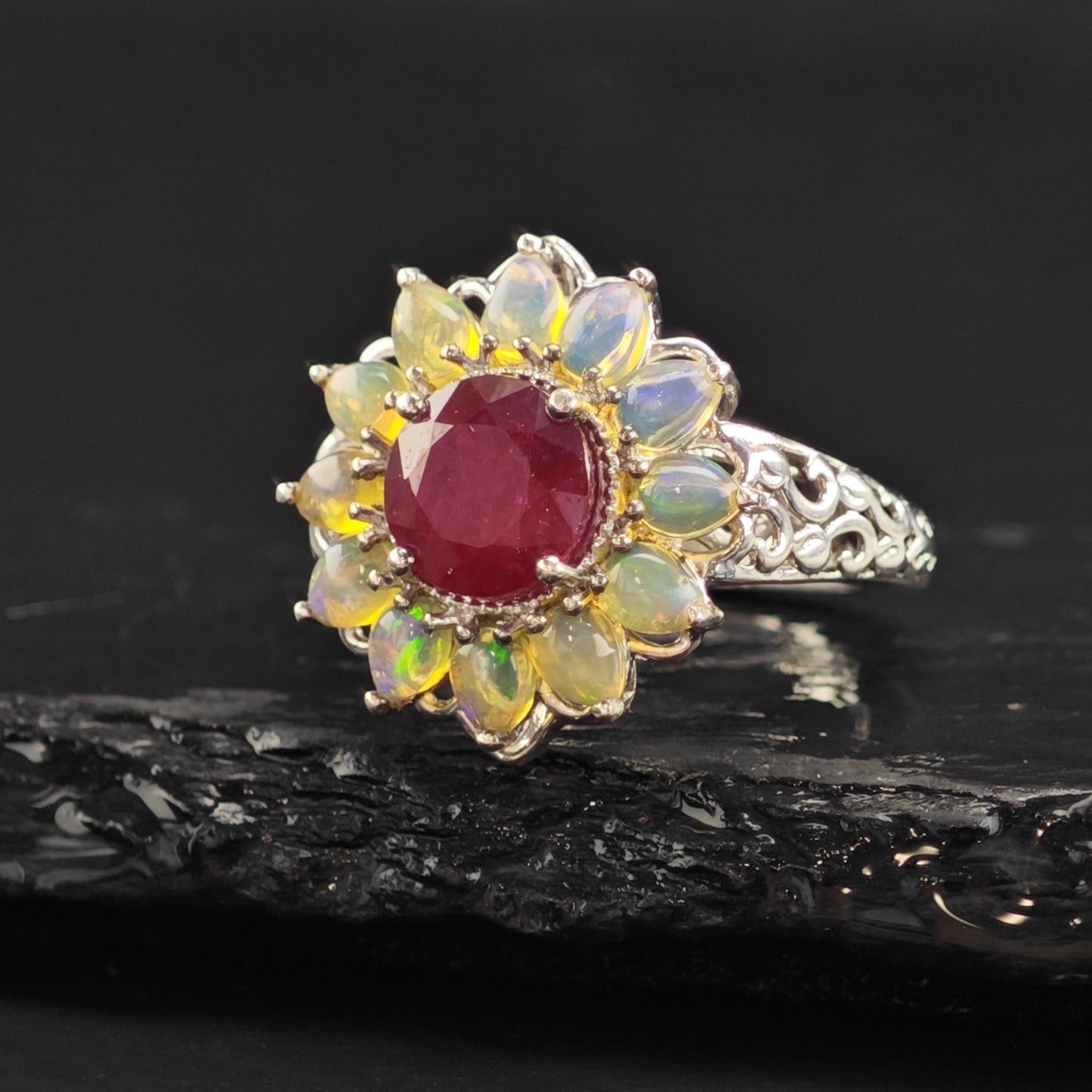 Opal LGF Ruby Flower Design Sterling Silver Ring Sz 5 1/4 R6563