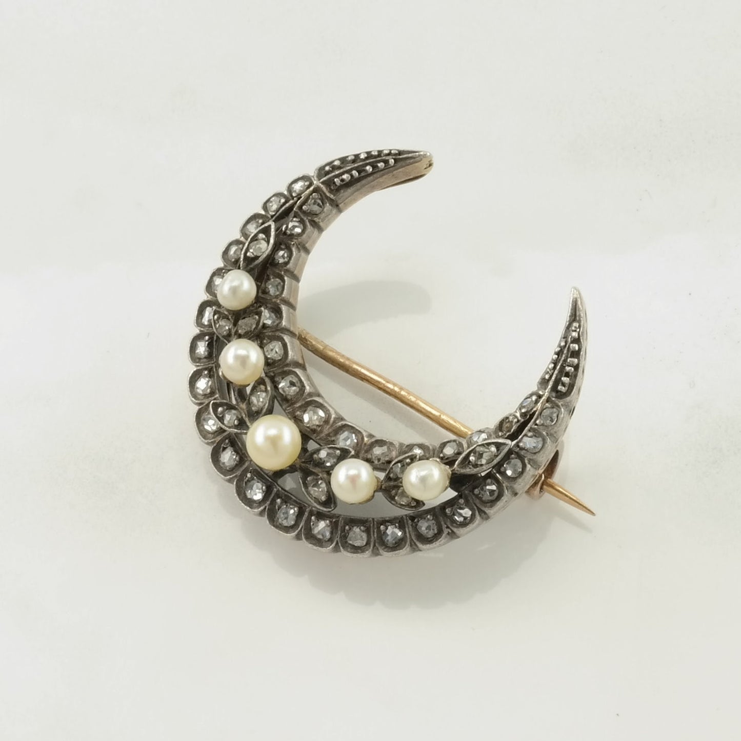 Victorian Rose Cut Diamond Crescent Brooch 14k Gold on Silver Natural Pearl