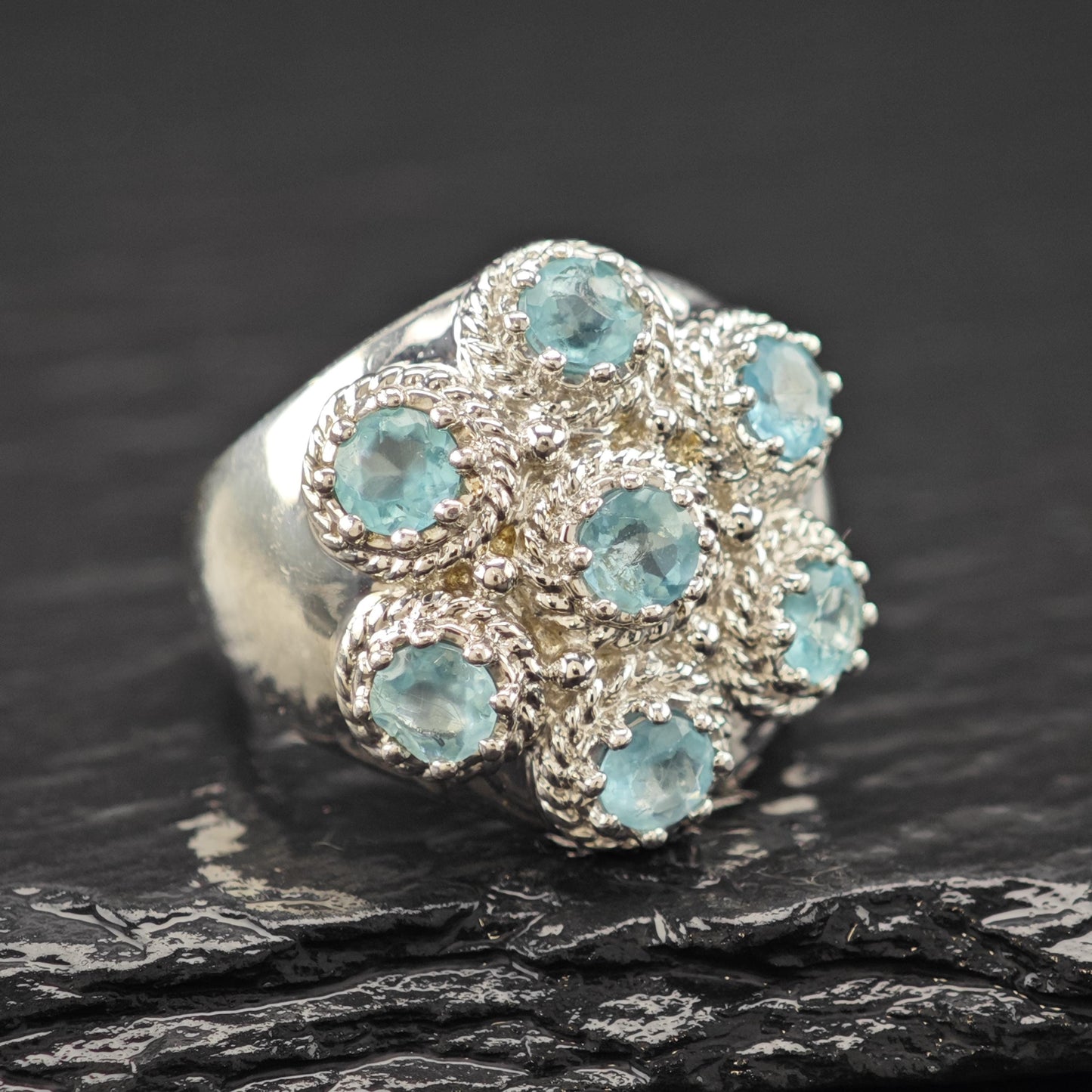 Blue Gemstone Floral Ring Sterling Silver Sz 7 R6148