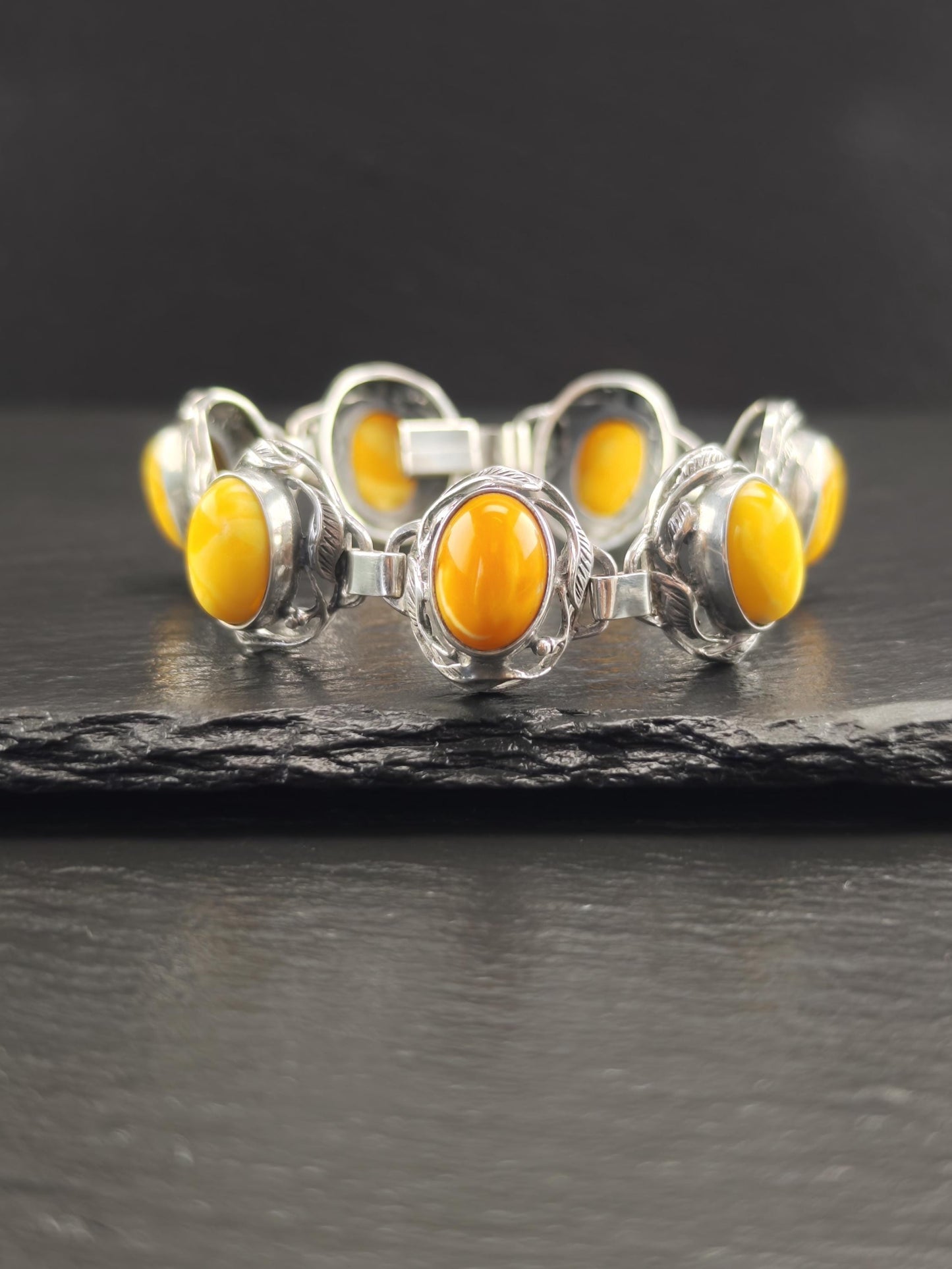 Baltic Amber Bracelet in Art Nouveau Style Yellow Opaque Sterling Silver
