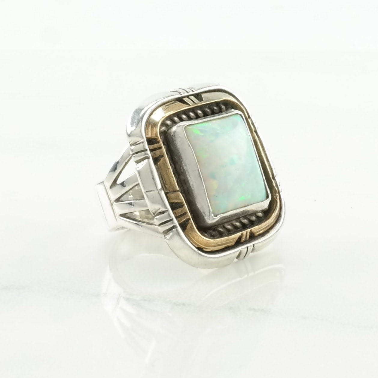 Sterling Silver Ring Lab Opal 12K Gold Accents Size 5 3/4