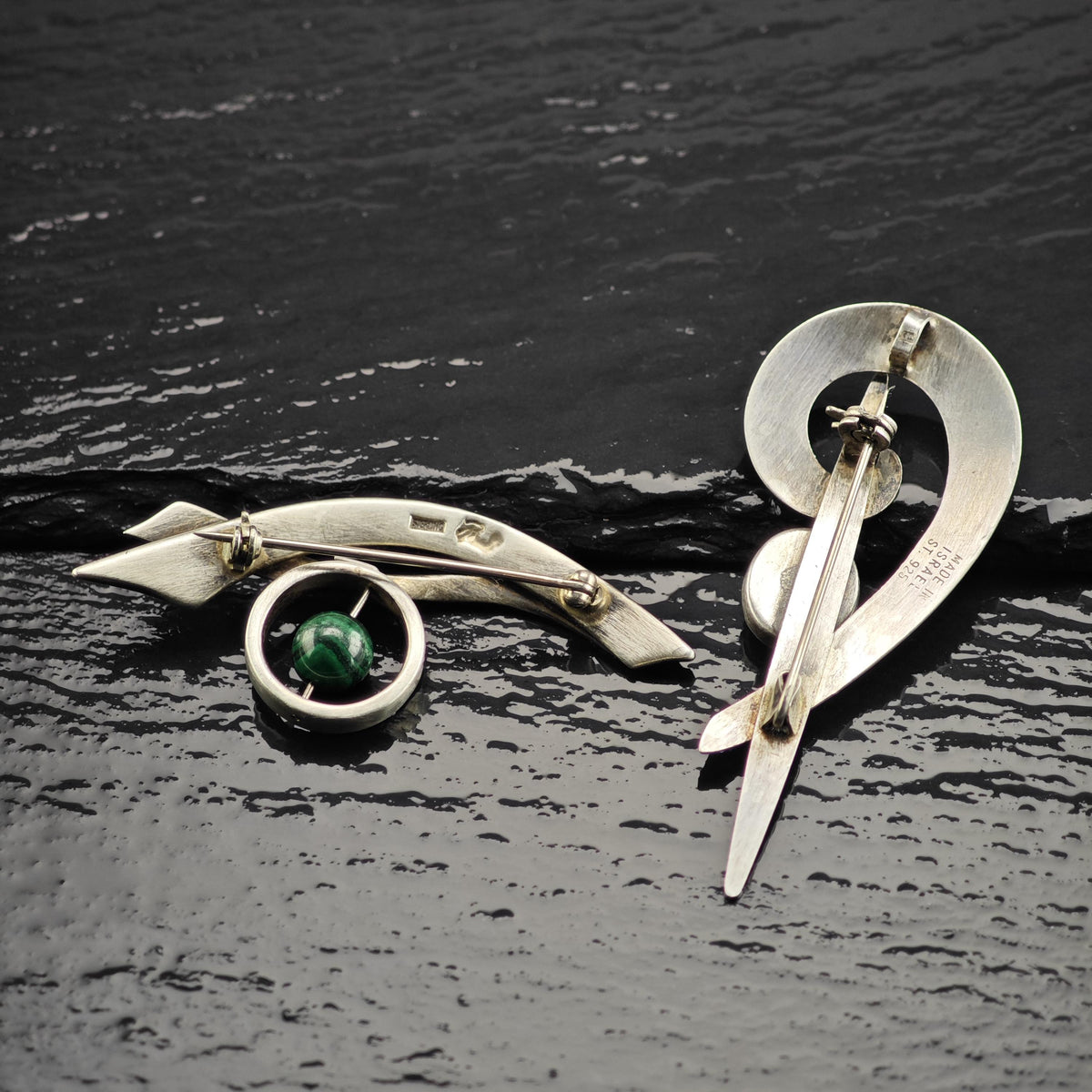 Choice of Modernist Green Chrysocolla Sterling Silver Brooches B2281