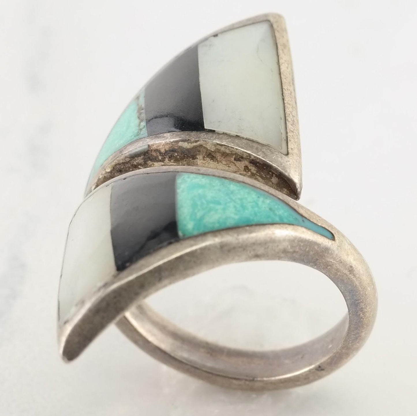 Vintage Southwest Silver Ring Turquoise, MOP, Jet Oval Sterling Size 8 3/4