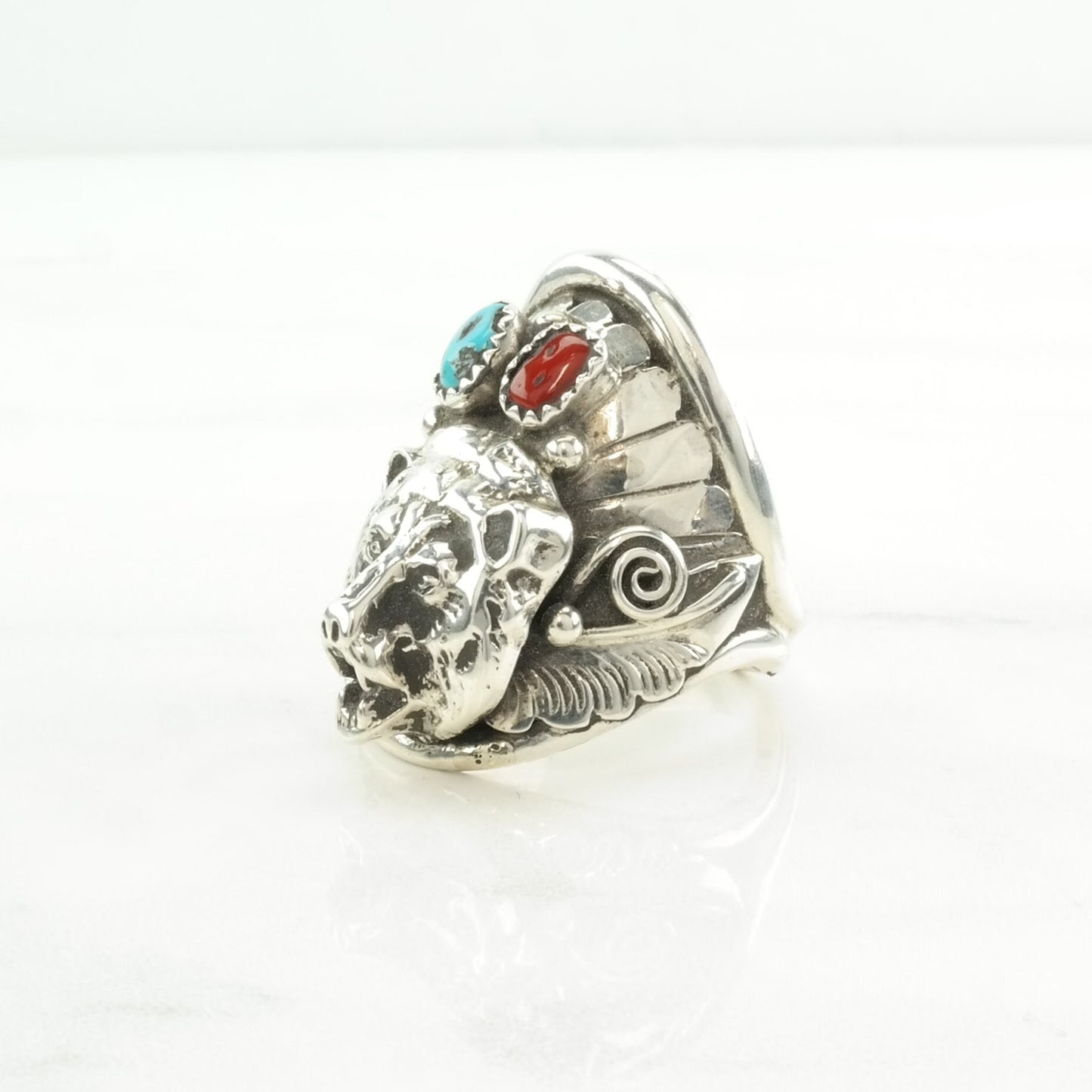 Native American Silver Ring Turquoise, Coral Bear Sterling Blue, Red Size 11 1/