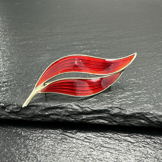 As Is Norway, Aksel Holmsen Floral Red, Gold Enamel Brooch Sterling Silver