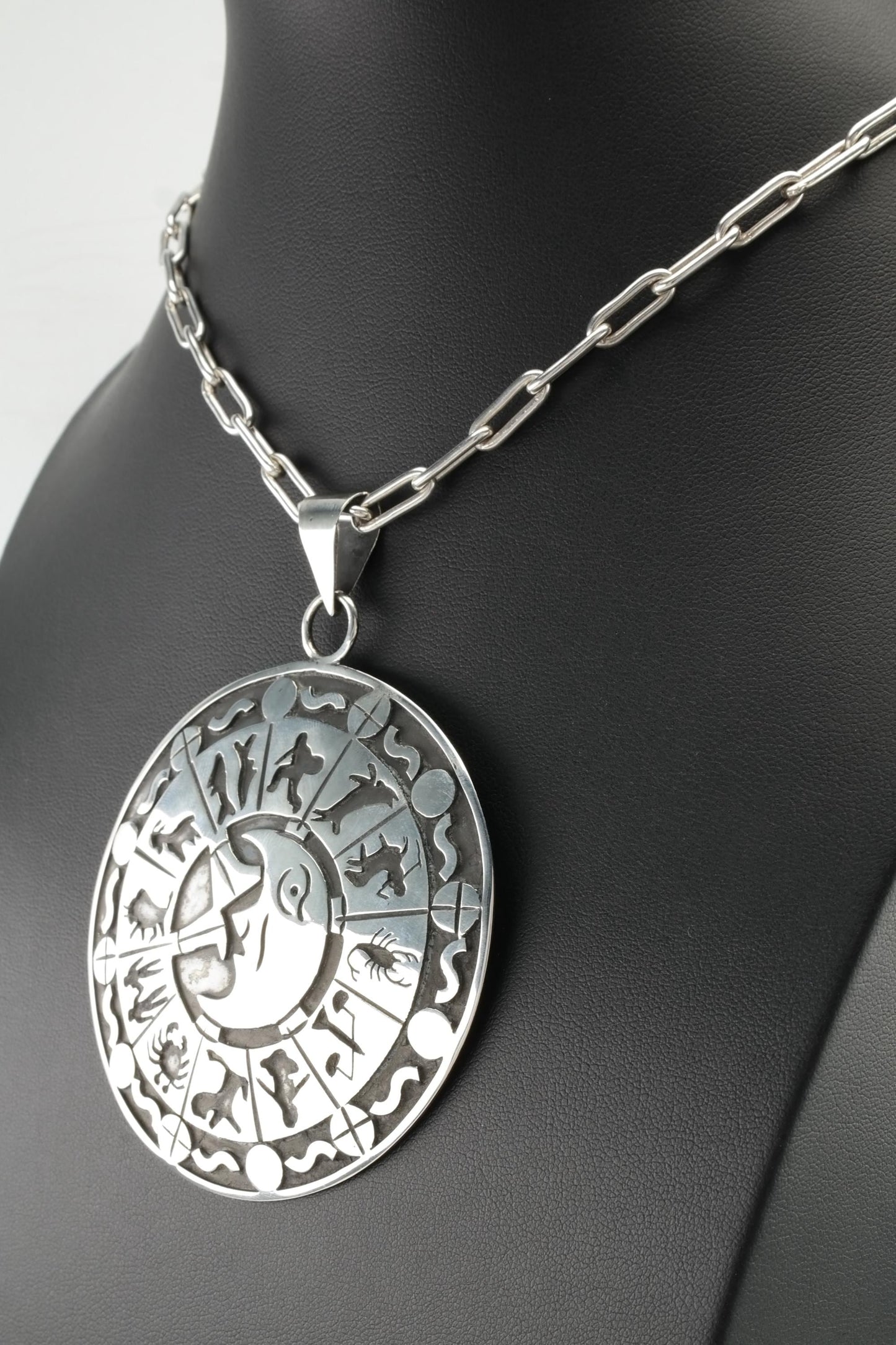 Taxco Zodiac Pendant Necklace, Sterling Silver, Large Round Pendant, Paperclip Chain, 1980s