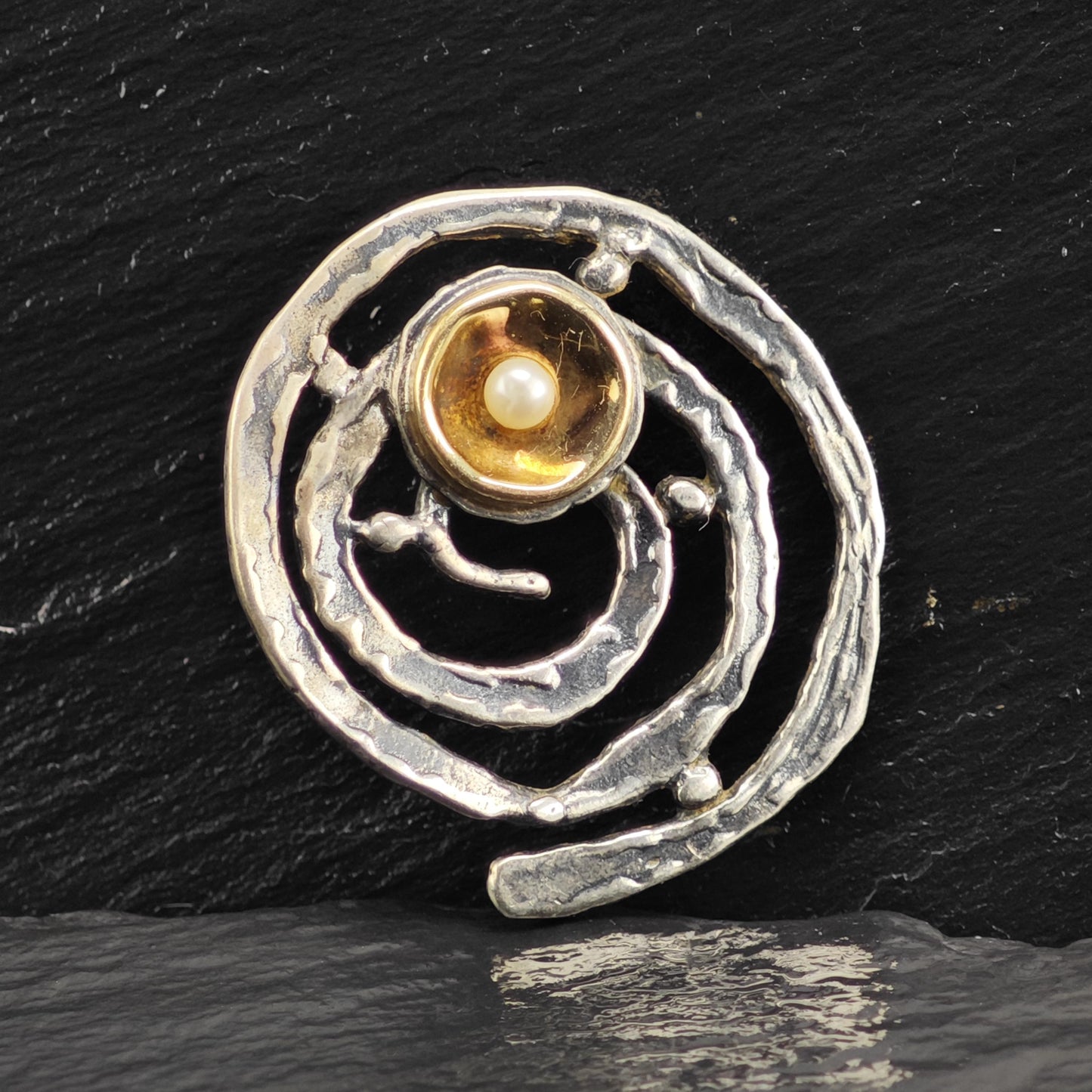 Brutalist Yigal Avinoam 14K Gold Accent, Pearl Sterling Silver Pendant P3081
