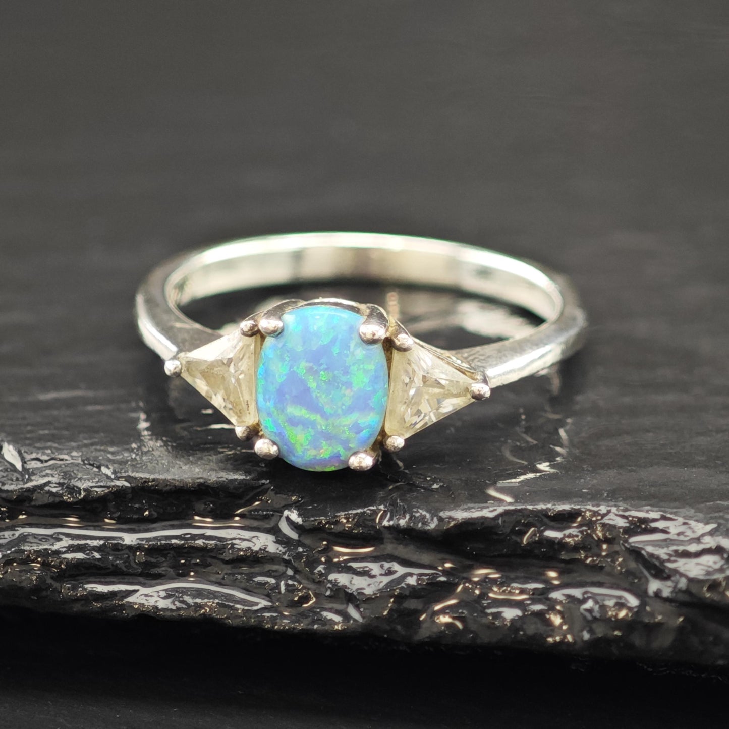 Sterling Silver Ring Lab Opal and CZ Stone Size 7 3/4 R6218