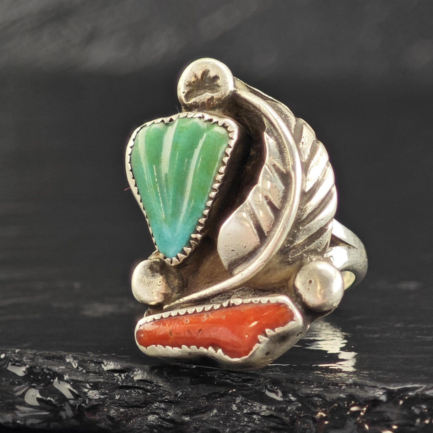 Eustace Zuni Carved Turquoise & Coral Sterling Silver Ring Sz 5 3/4 R6561