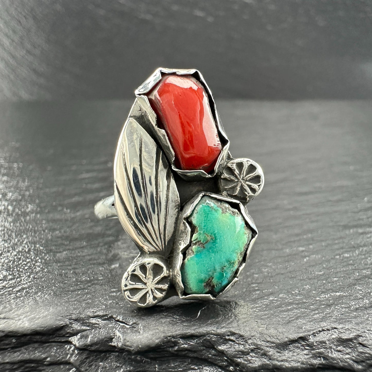 Turquoise, Coral Floral Ring Sterling Silver R5819