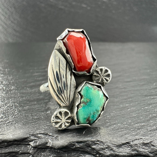 Turquoise, Coral Floral Ring Sterling Silver R5819