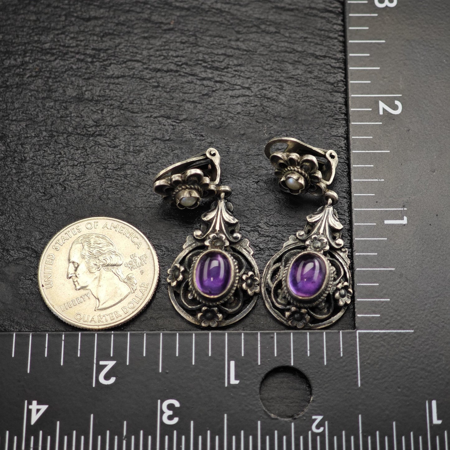European Art Nouveau Cabochon Amethyst, Pearl Clip On Sterling Silver Earrings ER3197