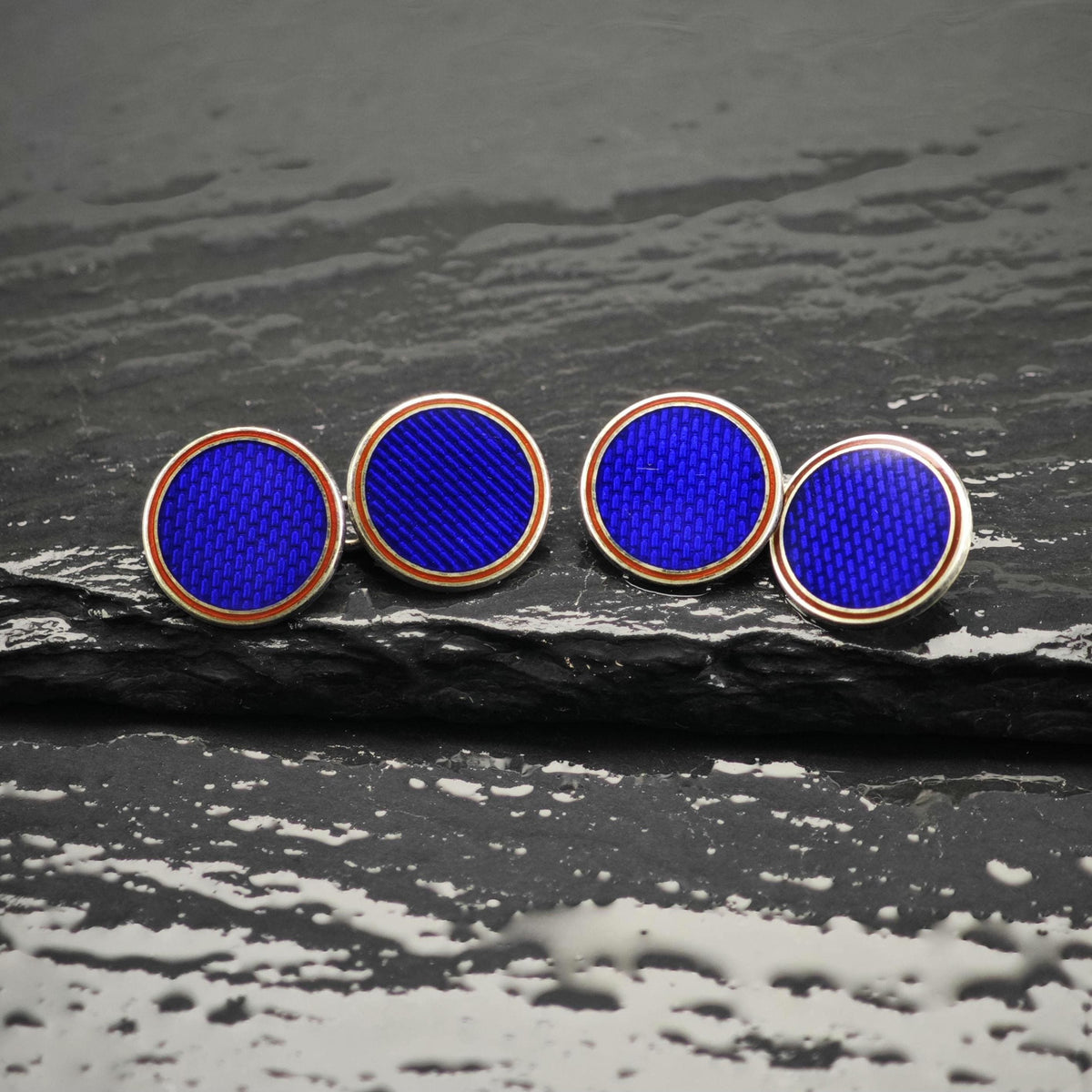 1986 Deakin Francis Guilloche Blue Enamel Sterling Silver Cufflinks MISC0435