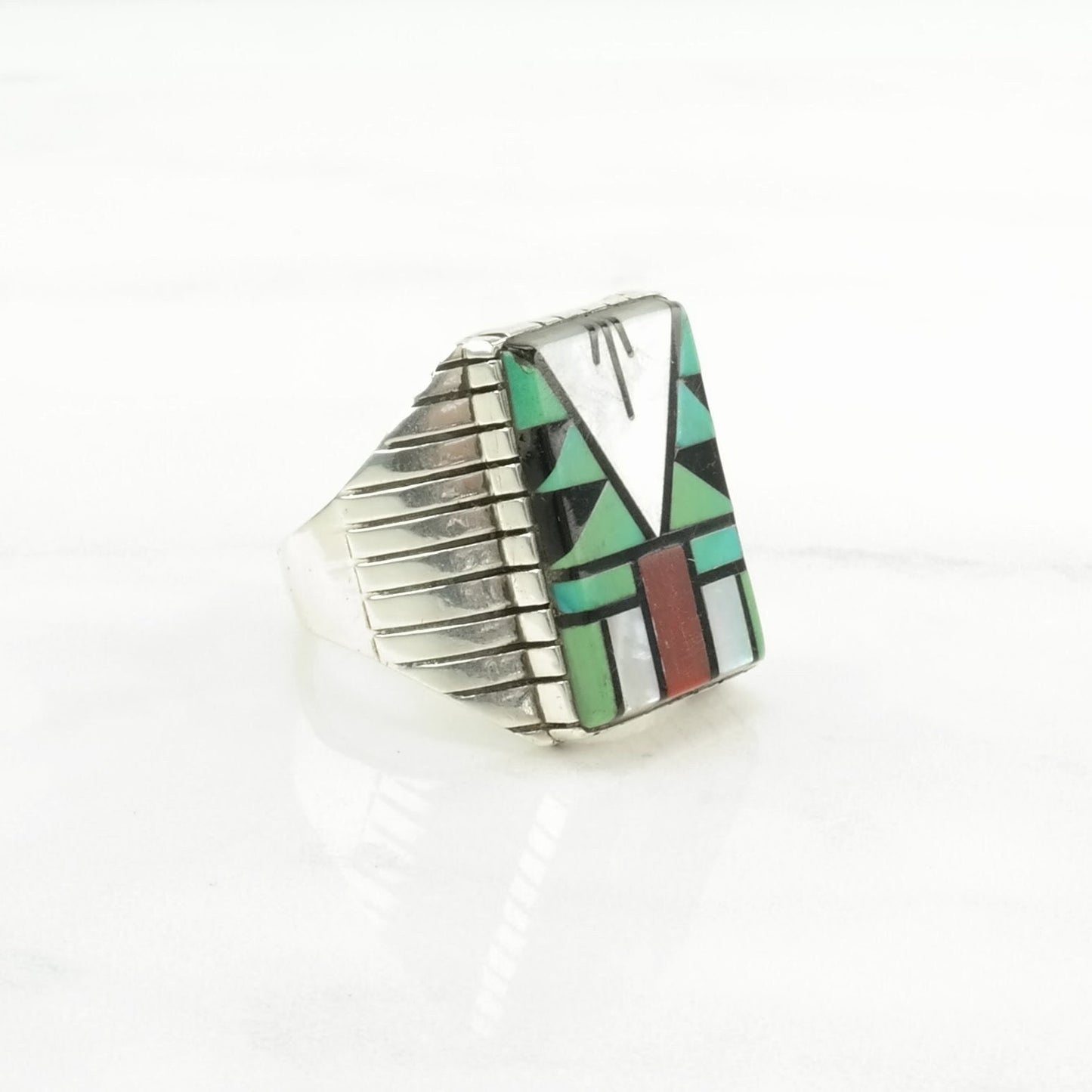 Native American Silver Ring Turquoise, Coral, MOP, Onyx Inlay Sterling Size 11 3/4