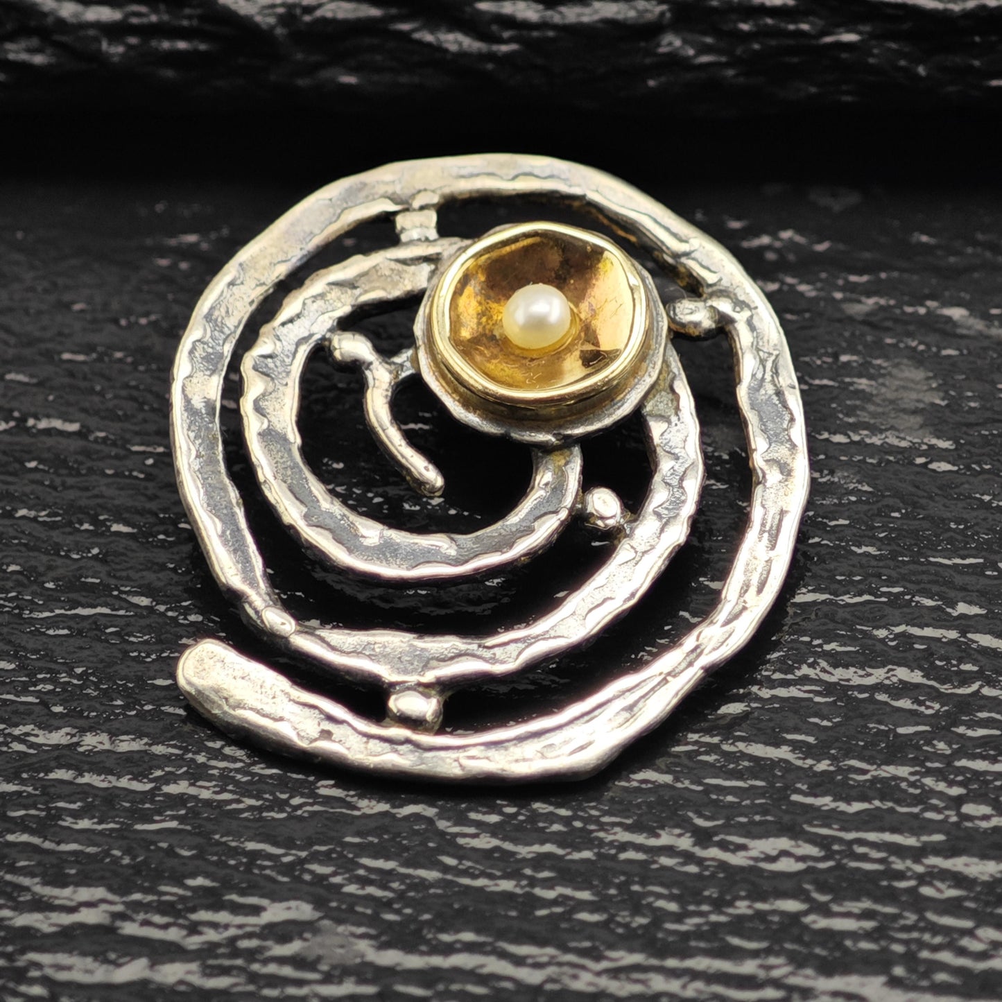 Brutalist Yigal Avinoam 14K Gold Accent, Pearl Sterling Silver Pendant P3081