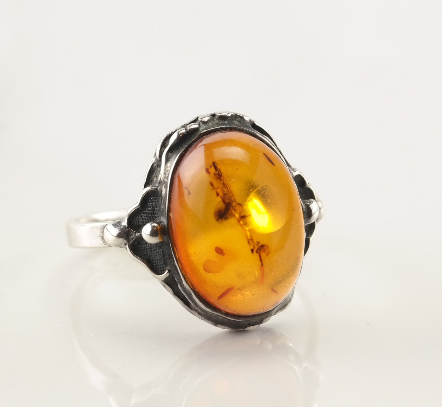 Art Nouveau Silver Ring Amber Sterling Size 7 1/4