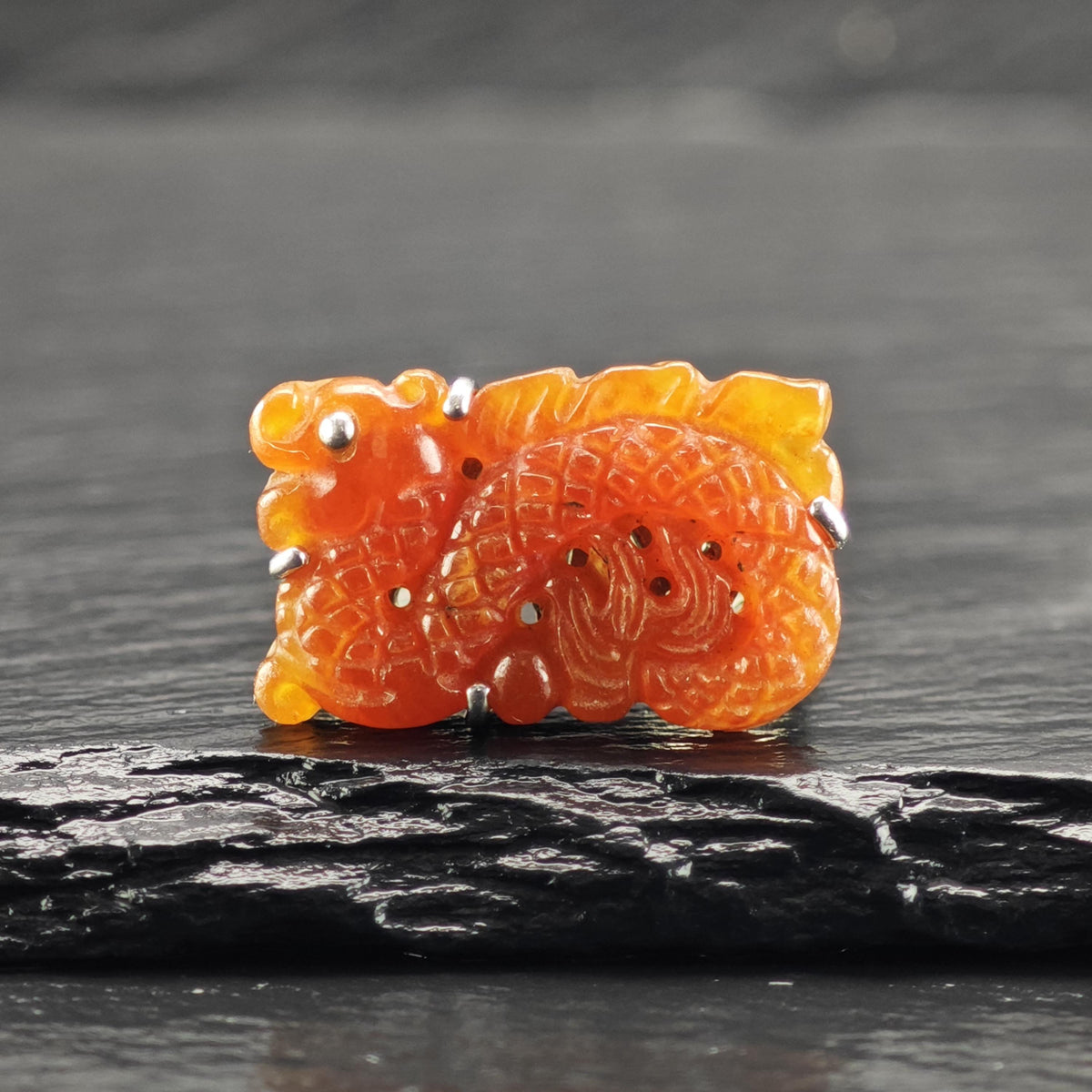 Carved Carnelian Chinese Dragon Sterling Silver Ring Sz 9 R6853