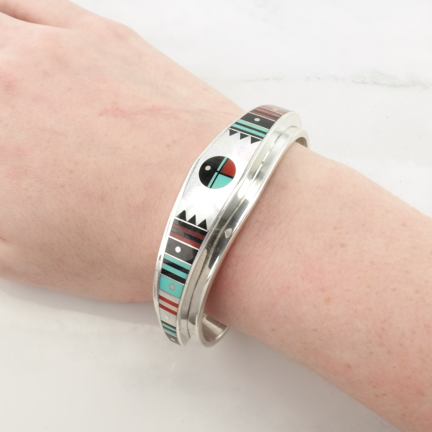 Native American, Benally Sterling Silver Cuff Bracelet MOP, Onyx, Turquoise, Coral Inlay