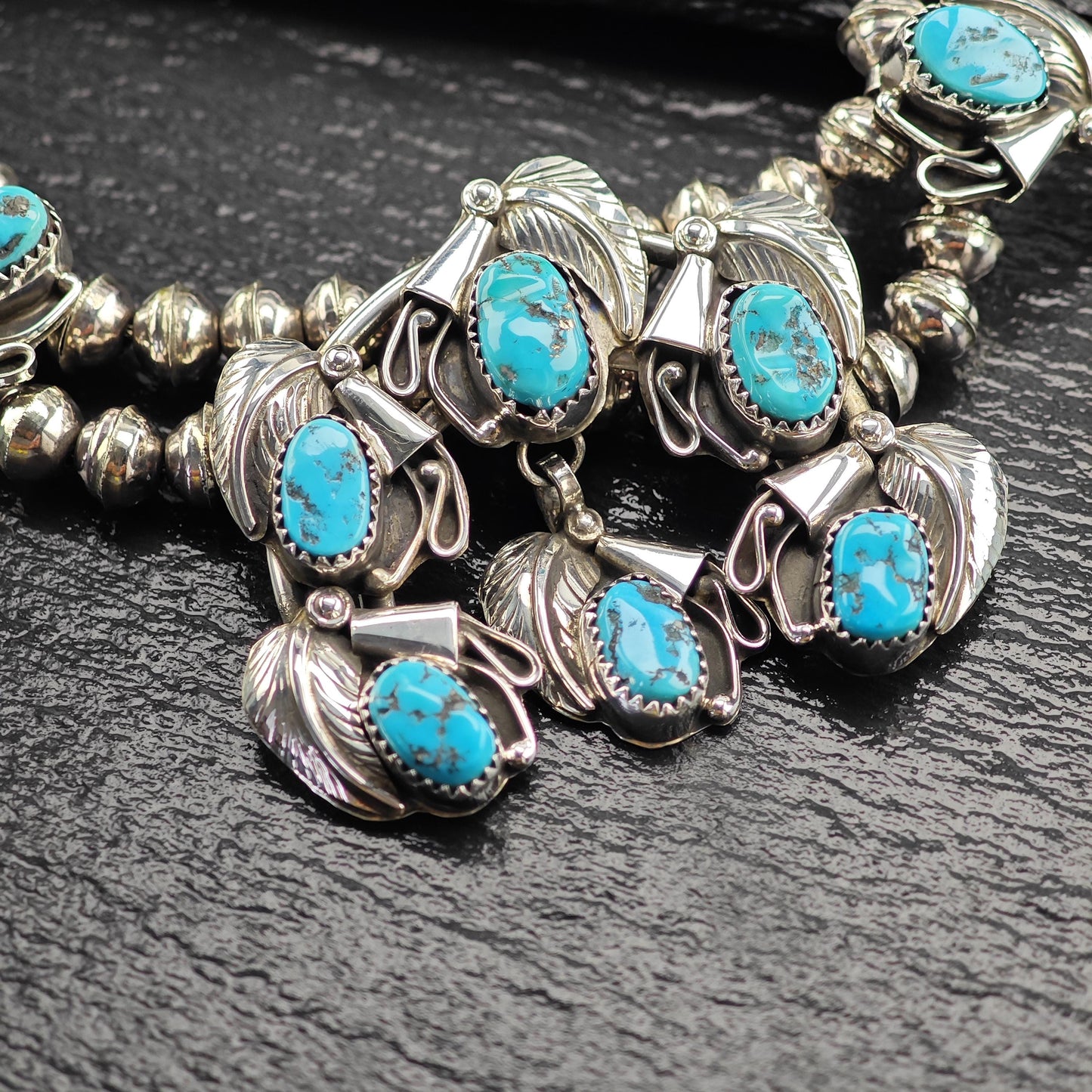 Native American Blue Sleeping Beauty, Floral Squash Blossom Necklace Sterling Silver