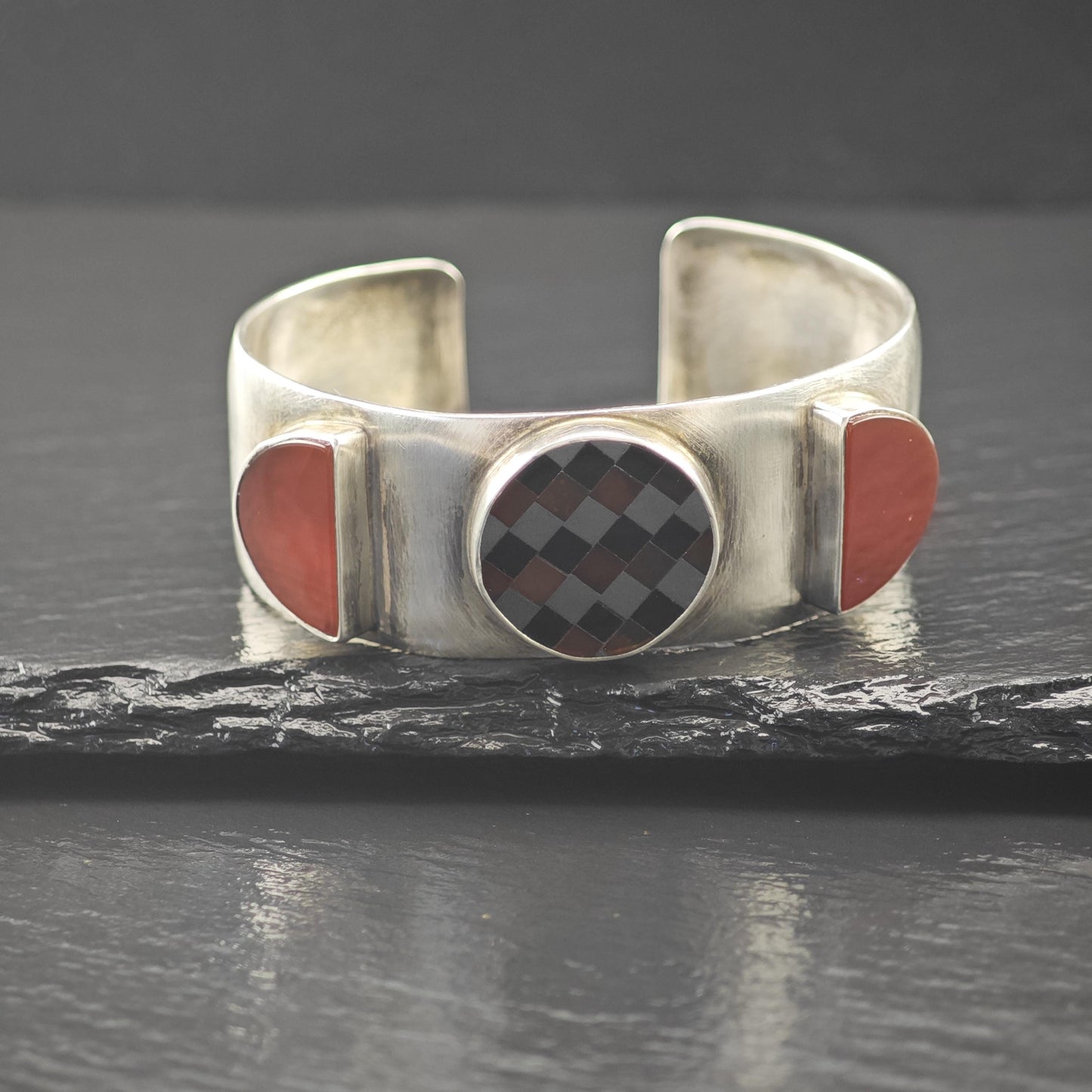 GFMW Mid Century Silver Cuff Bracelet Carnelian Checkered Sterling