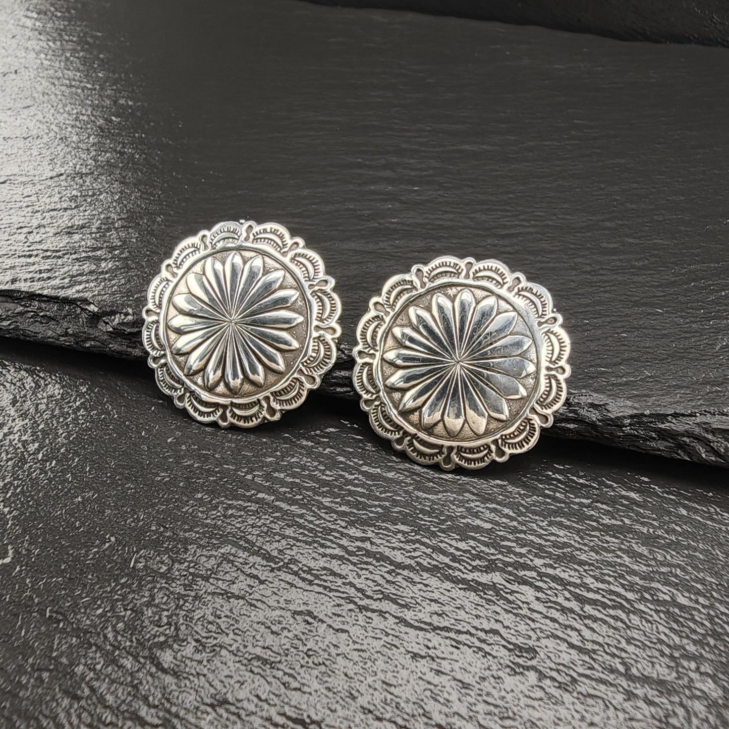 Vintage Concho Round, Shield Stud Earrings Sterling Silver