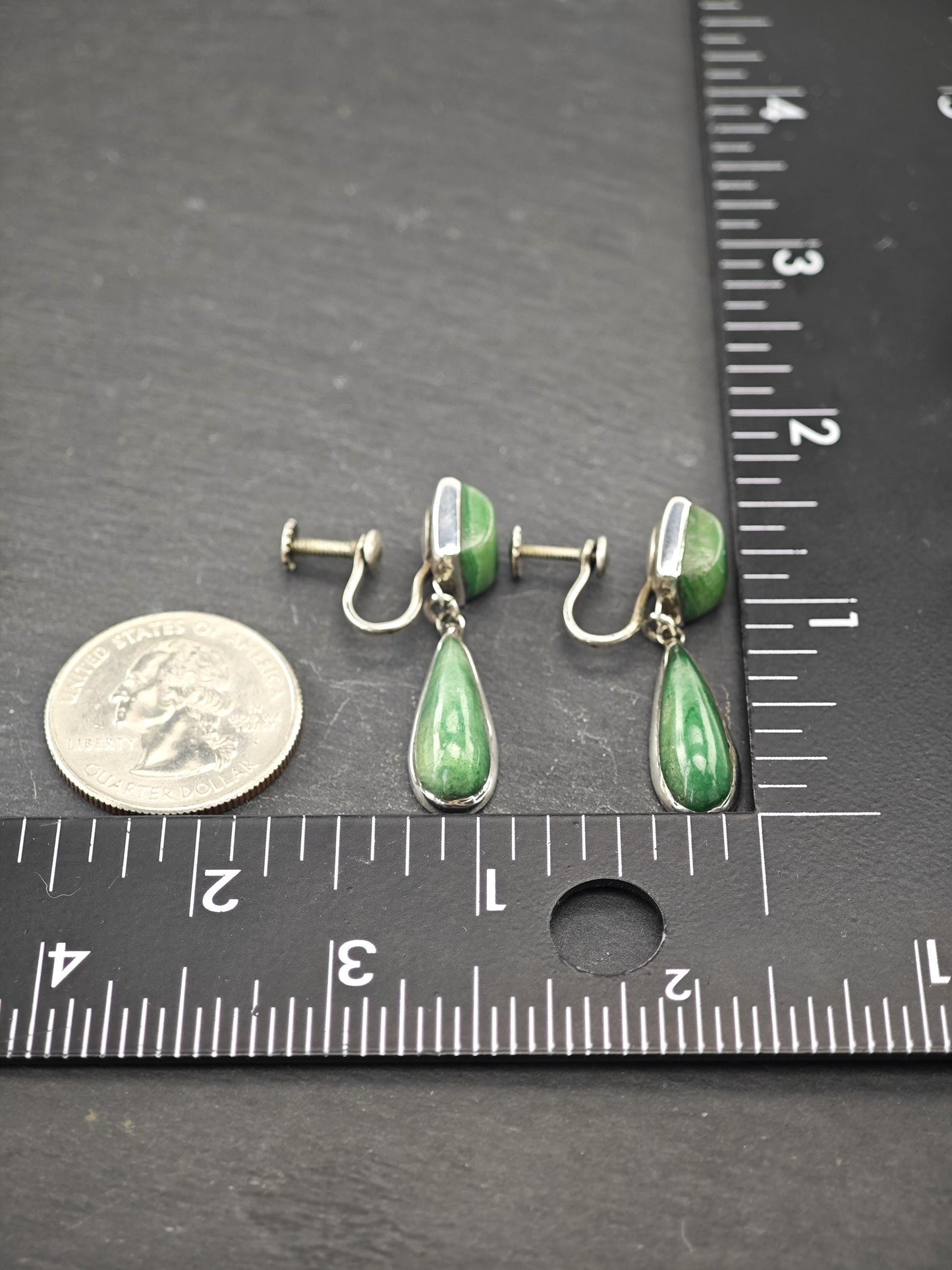 Green Gemstone, Teardrop Screw Back Earrings Sterling Silver