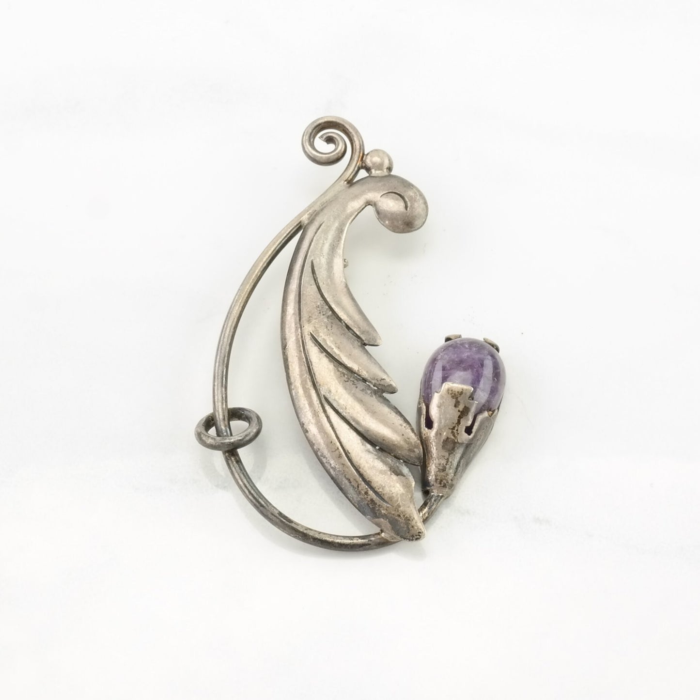 Vintage Taxco Sterling Silver Brooch Leaf Purple Amethyst