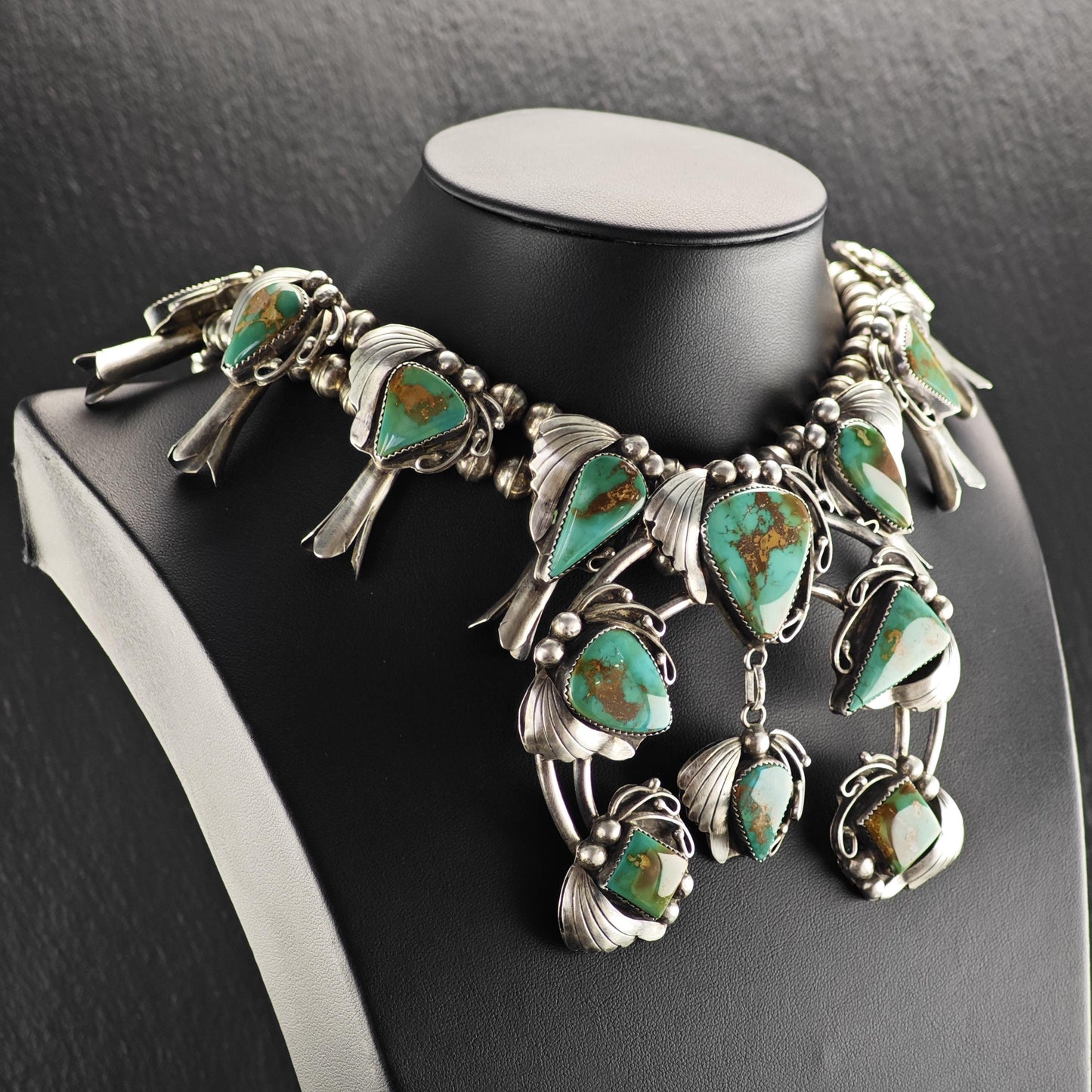 Native American Green Royston Turquoise Squash Blossom Necklace Sterling Silver