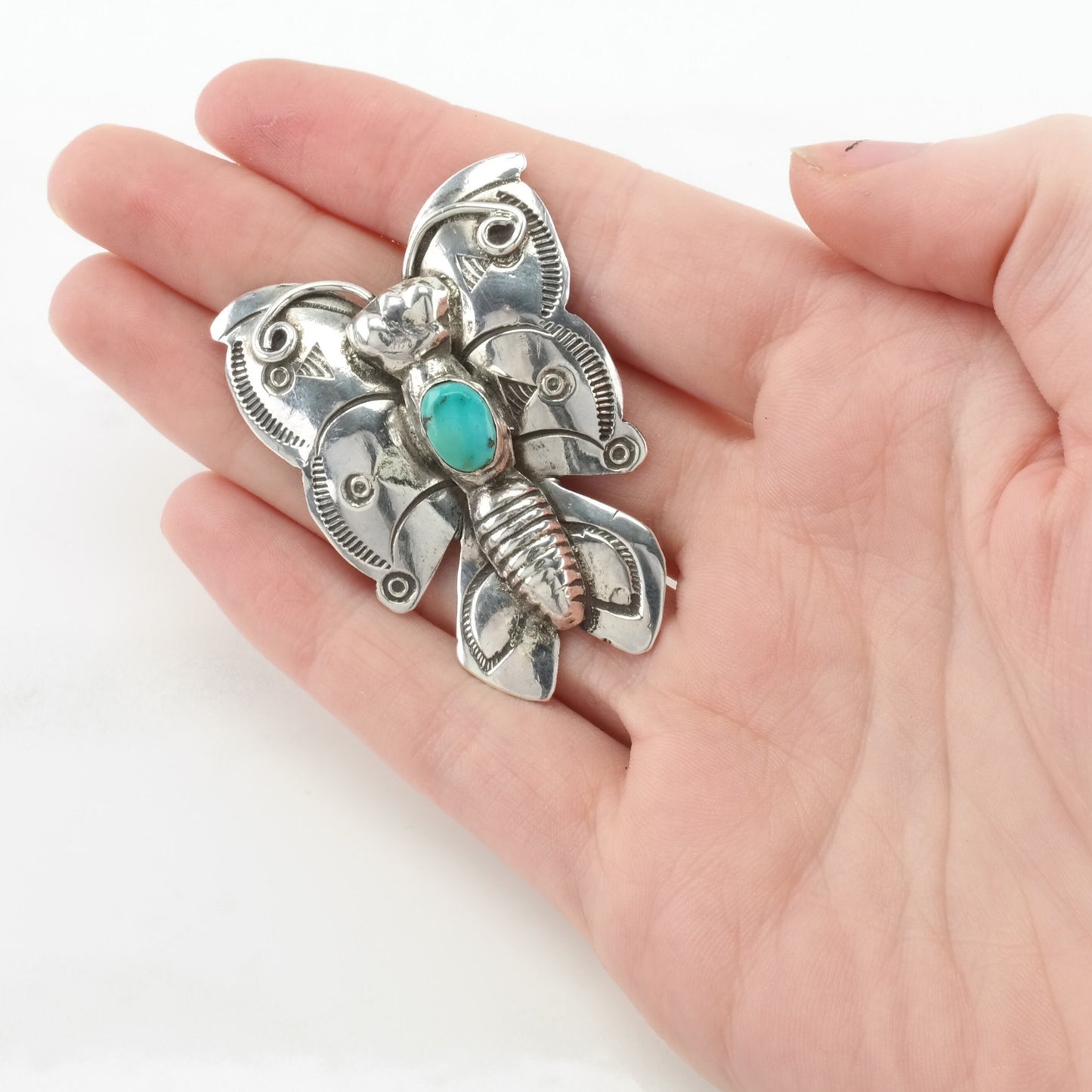 Native American Sterling Silver Brooch Butterfly Blue Turquoise