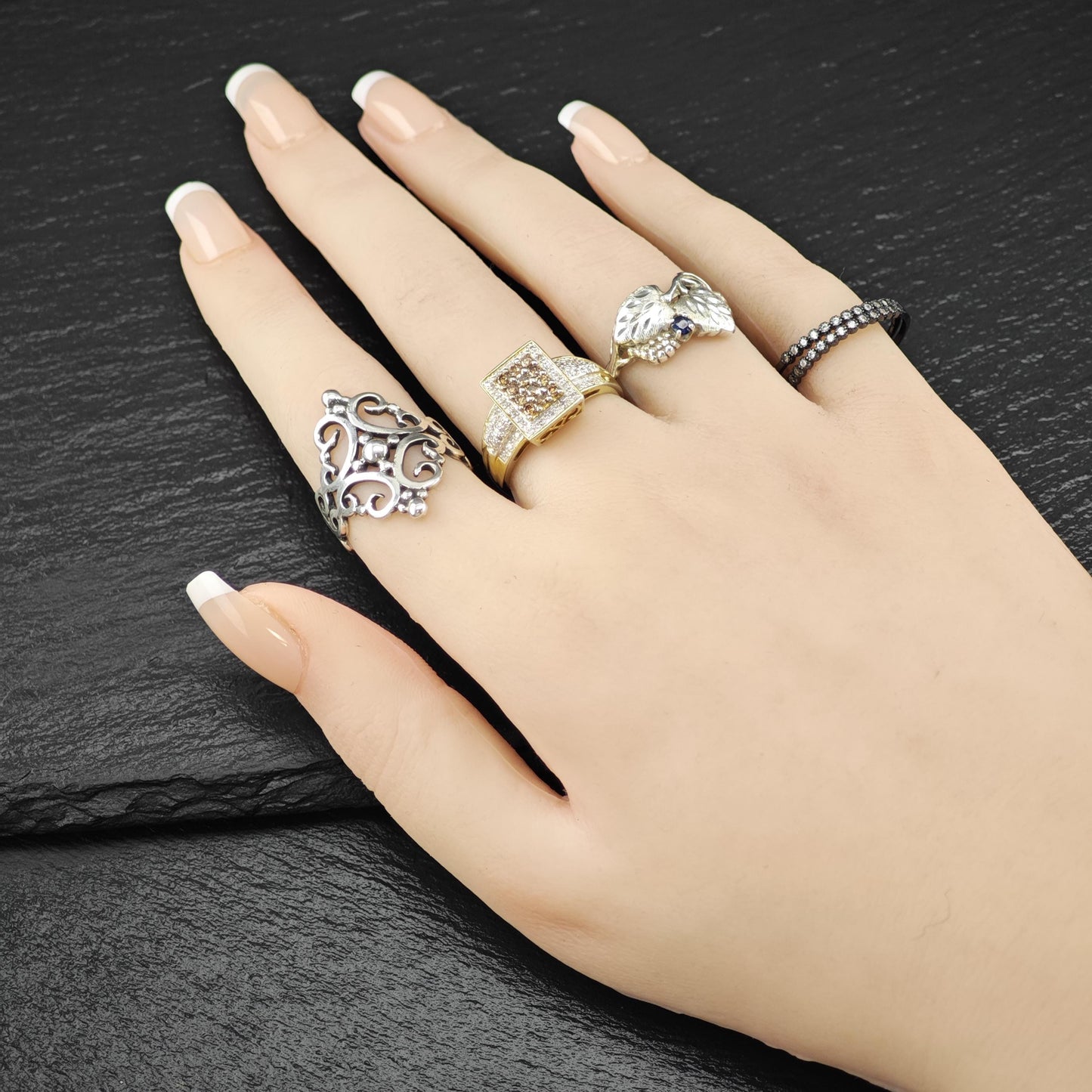 White Brown Diamonds Gold Plated Ring Sterling Silver Sz 8 3/4 R6240