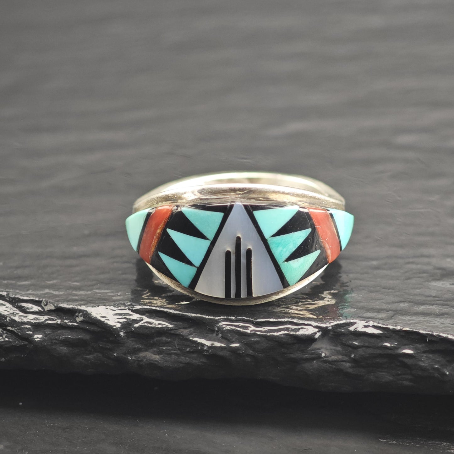 Vintage Zuni Multistone Inlay Band Sterling Silver Ring Sz 7 1/2 R6664