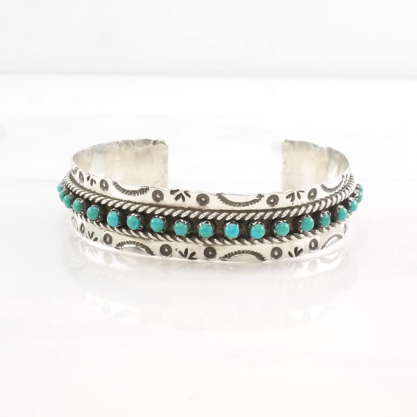 Vintage Zuni Sterling Silver Cuff Bracelet Blue Turquoise Stamped