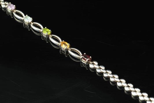 Sterling Silver Link Gemstone Bracelet 7" Oval Multi-colored