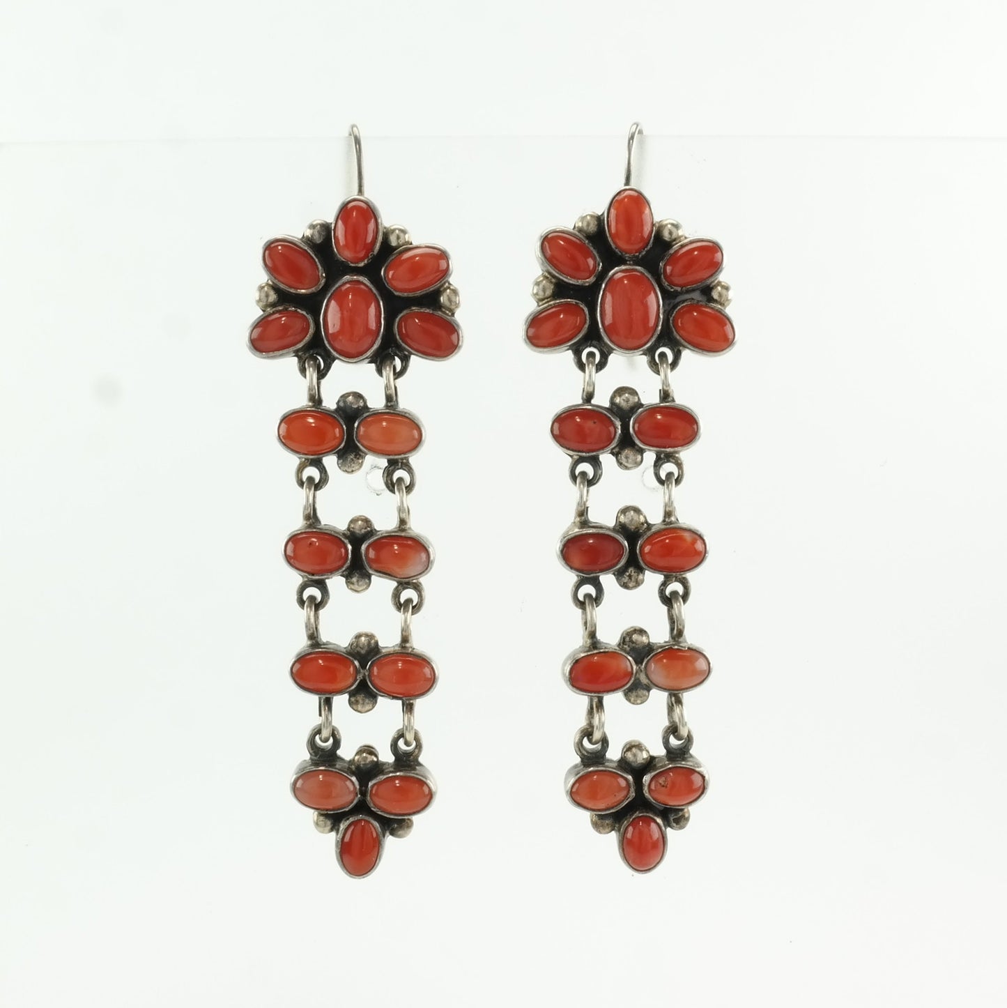 Native American Sterling Silver Red Coral Cluster, Long Earrings Fish hook, dangle