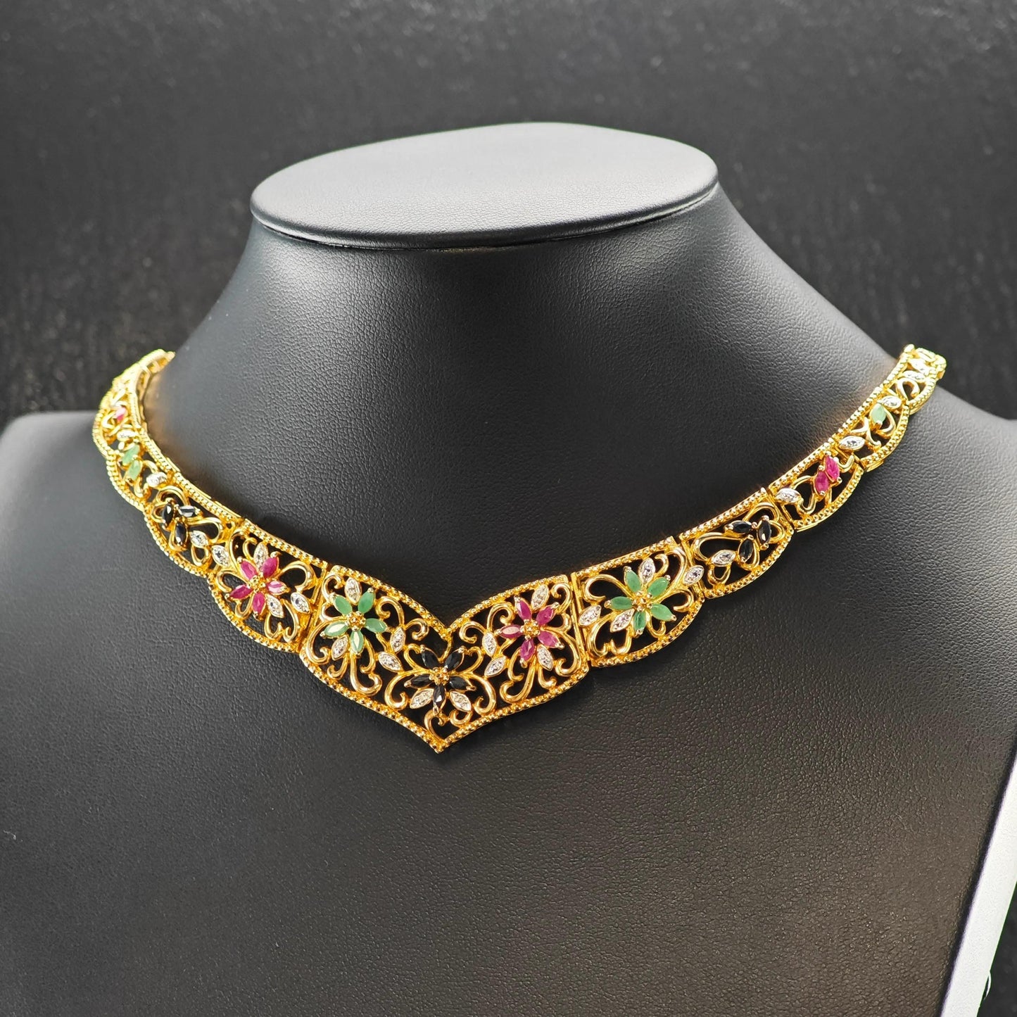 Multi-color Emerald Ruby Sapphire Floral Gold Plated Collar Necklace Sterling Silver N2657