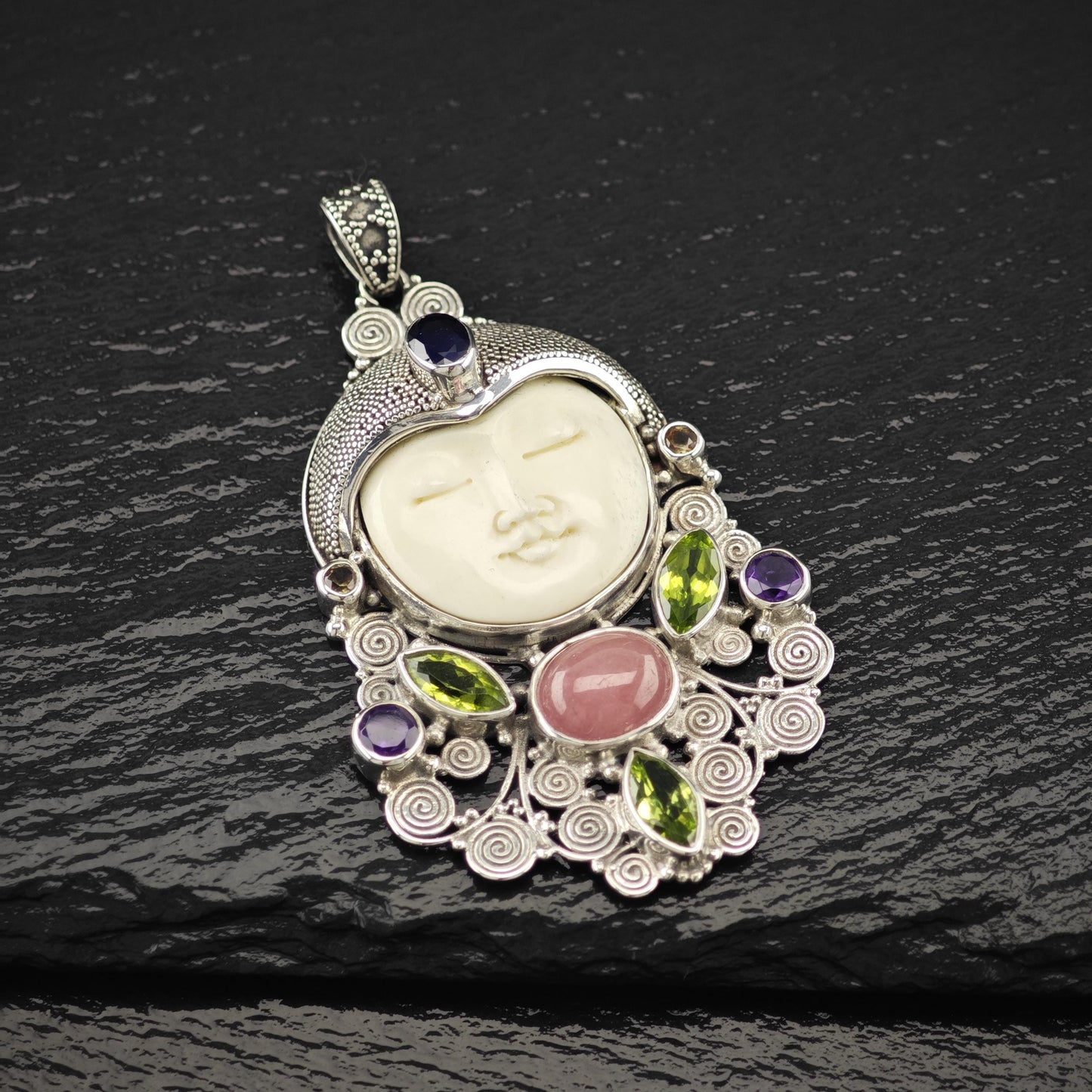 Carved Goddess Face Gemstones Pendant Sterling Silver P2806