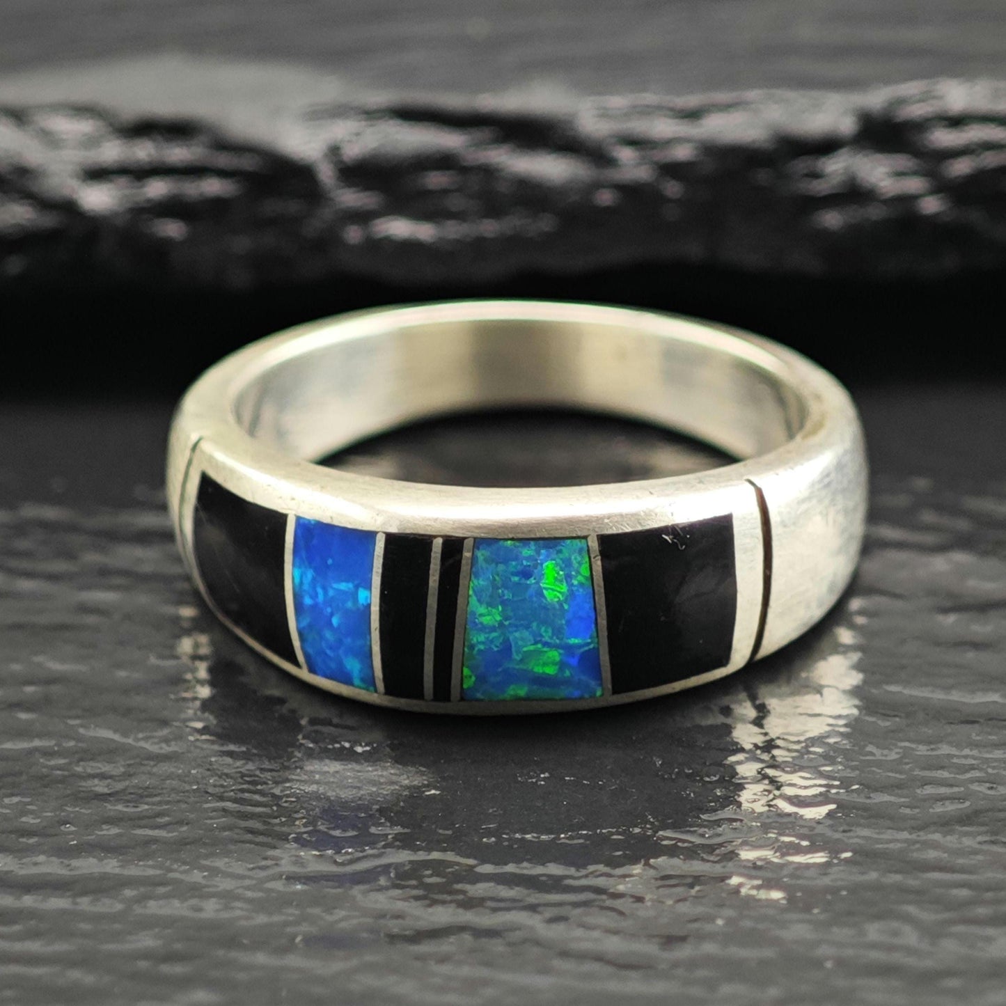 Vintage Lap Opal & Onyx Inlay Sterling Silver Ring Sz 9 3/4 R6633